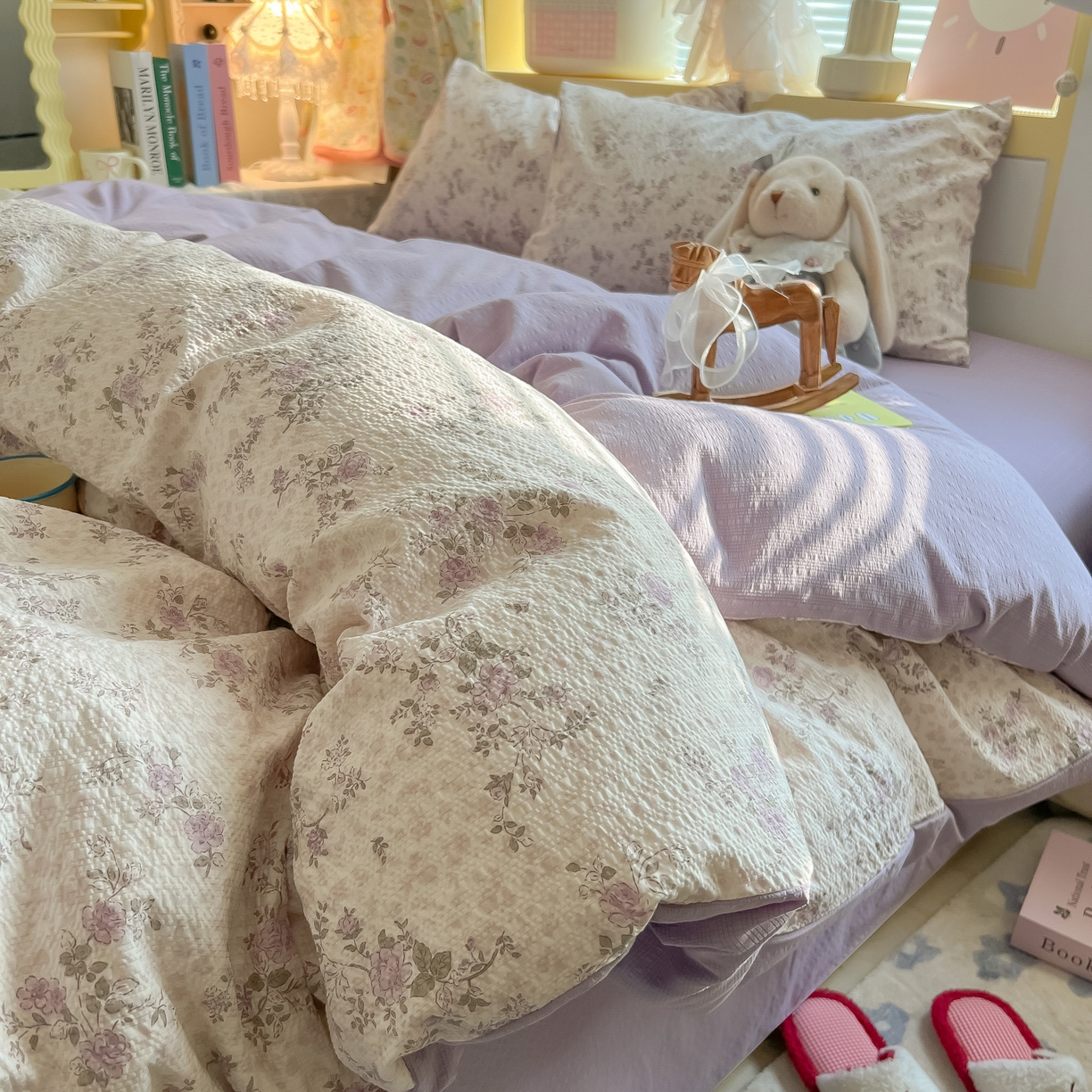 韩巢家纺 2026新款泡芙纱四件套 柔紫碎花屿