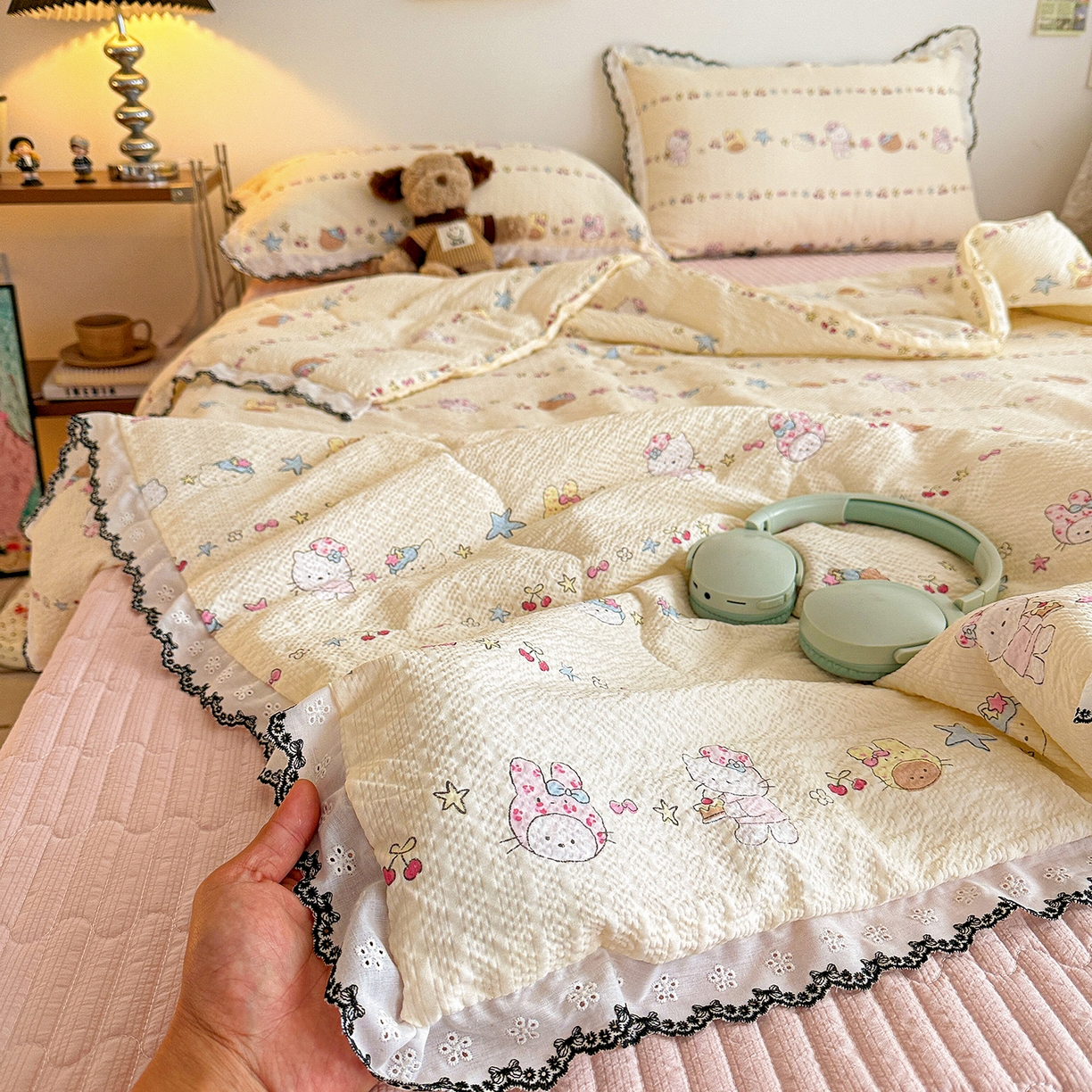 91家纺网 家纺一手货源 找家纺 富米莱（原臻工厂） 2026春夏新款云感泡芙棉复古法式花边床盖床裙被套夏凉被四件套一小红书推荐 复古花边-星月童话