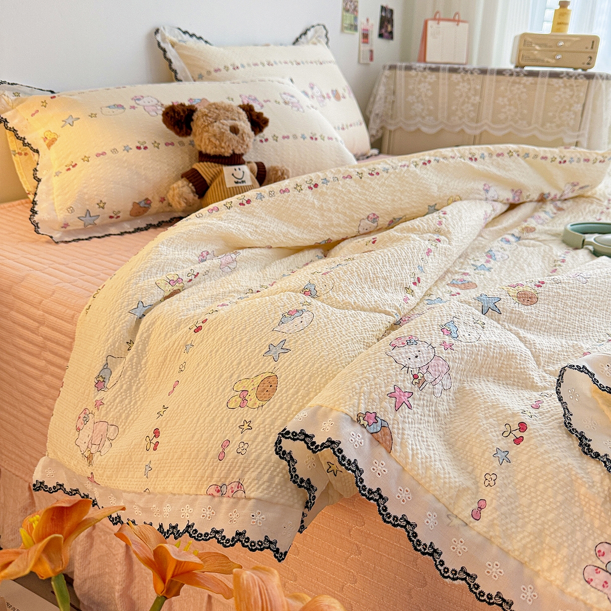 91家纺网 家纺一手货源 找家纺 富米莱（原臻工厂） 2026春夏新款云感泡芙棉复古法式花边床盖床裙被套夏凉被四件套一小红书推荐 复古花边-星月童话