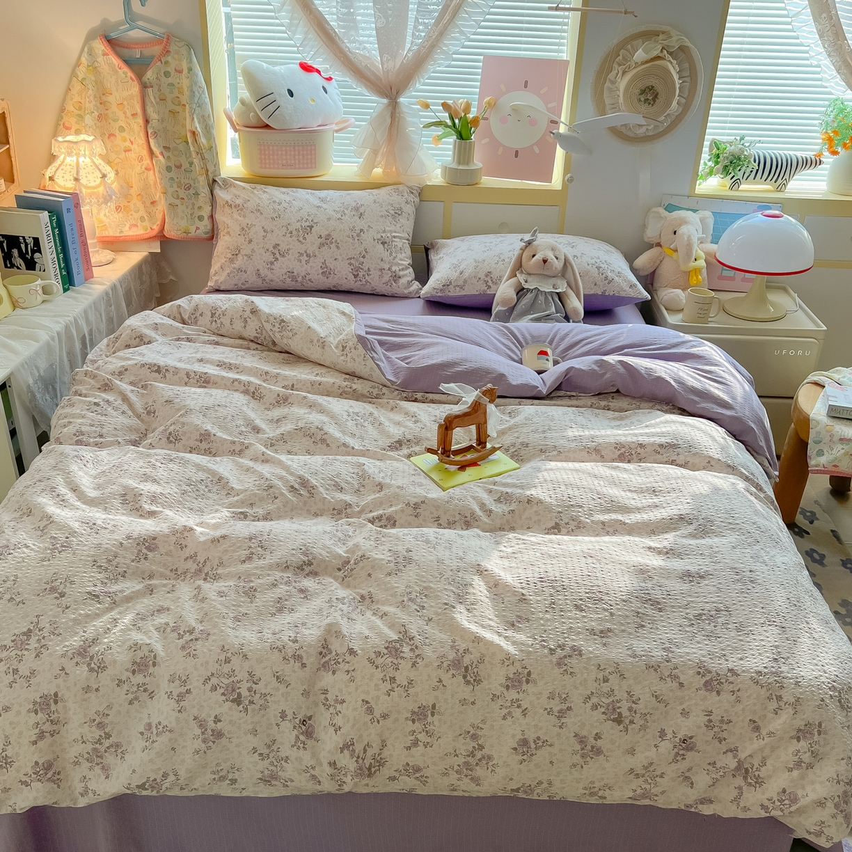 91家纺网 家纺一手货源 找家纺 韩巢家纺 2026新款泡芙纱四件套 柔紫碎花屿