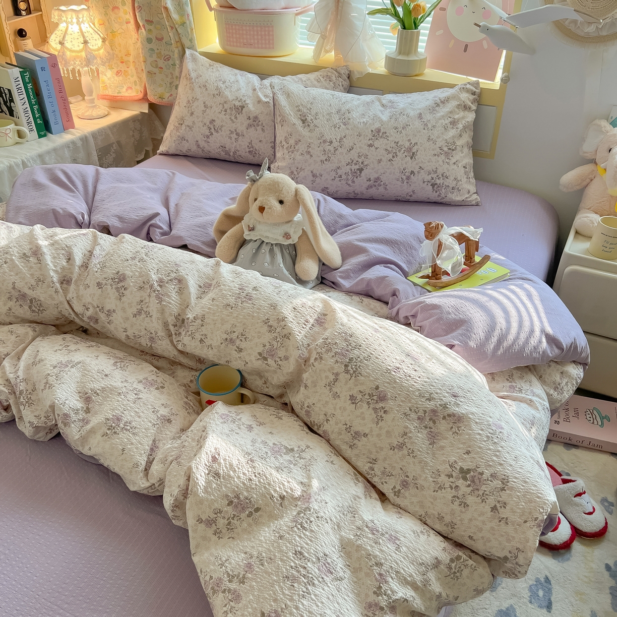 91家纺网 家纺一手货源 找家纺 韩巢家纺 2026新款泡芙纱四件套 柔紫碎花屿