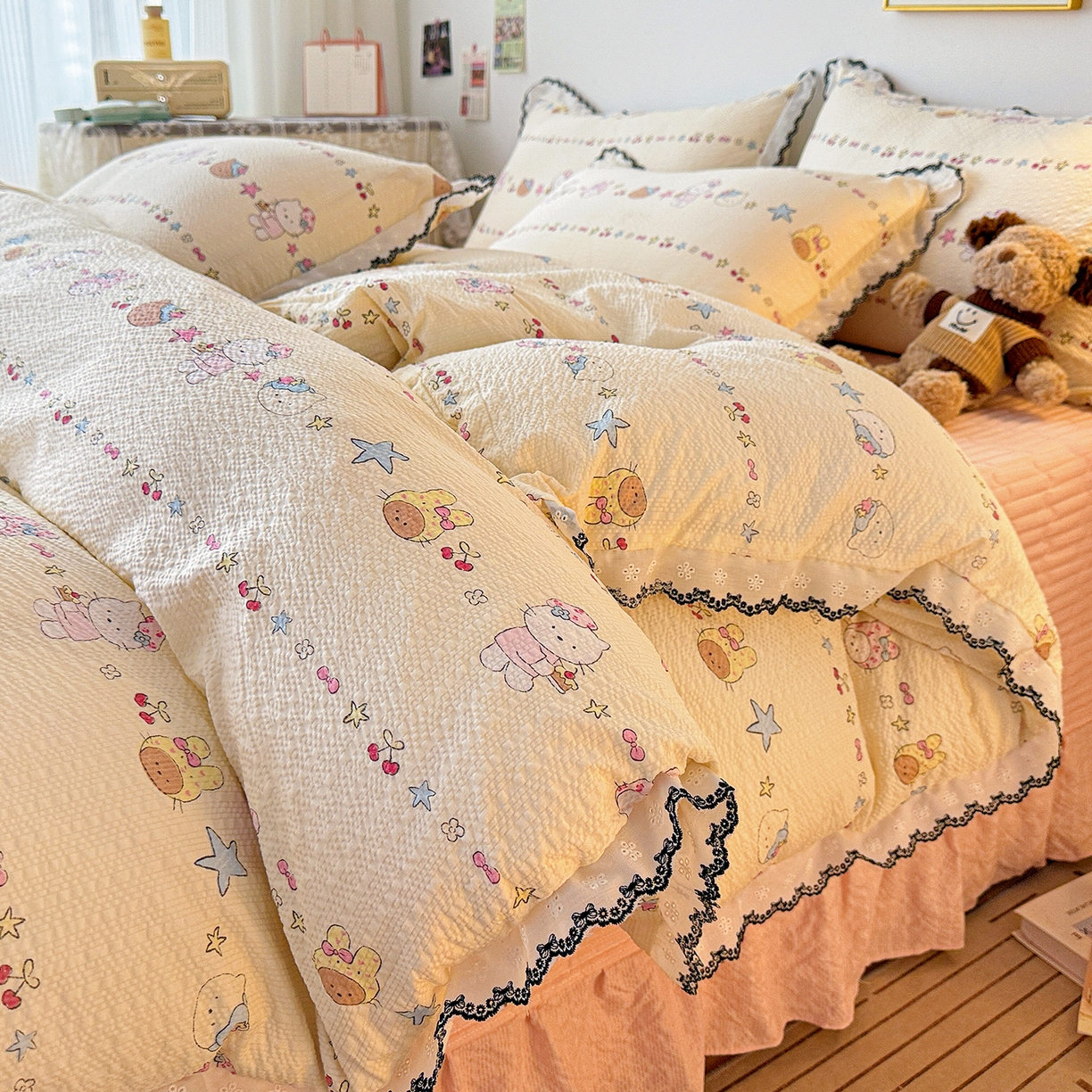 91家纺网 家纺一手货源 找家纺 富米莱（原臻工厂） 2026春夏新款云感泡芙棉复古法式花边床盖床裙被套夏凉被四件套一小红书推荐 复古花边-星月童话