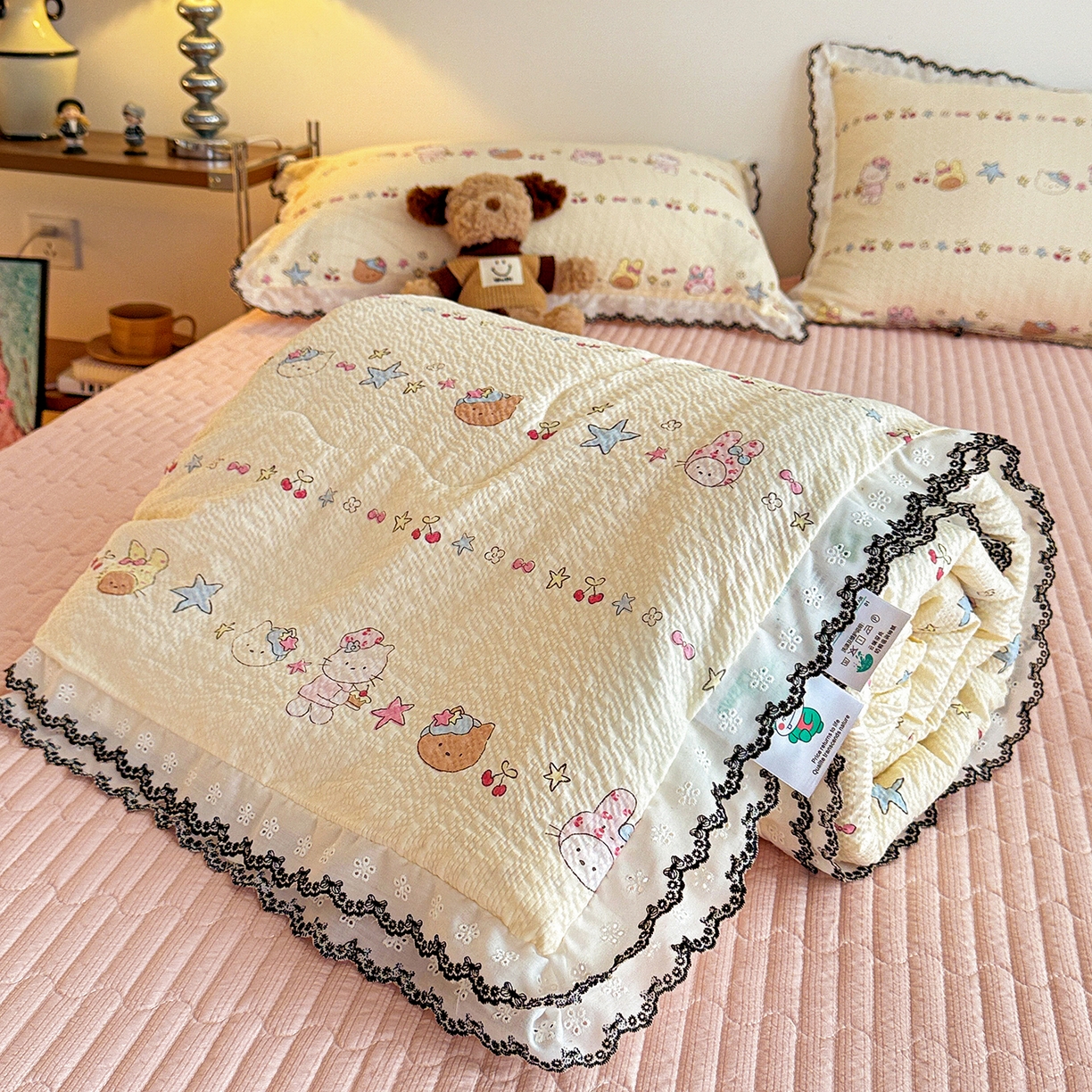 91家纺网 家纺一手货源 找家纺 富米莱（原臻工厂） 2026春夏新款云感泡芙棉复古法式花边床盖床裙被套夏凉被四件套一小红书推荐 复古花边-星月童话