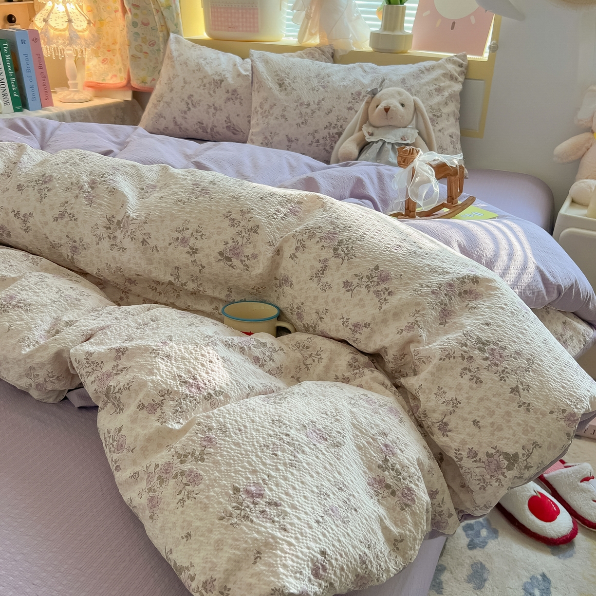 91家纺网 家纺一手货源 找家纺 韩巢家纺 2026新款泡芙纱四件套 柔紫碎花屿