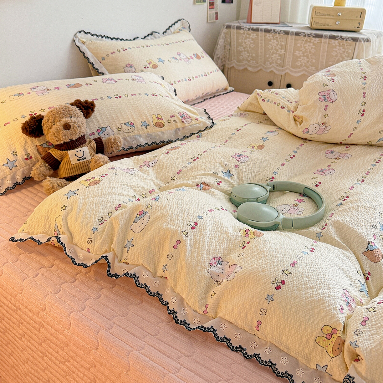 91家纺网 家纺一手货源 找家纺 富米莱（原臻工厂） 2026春夏新款云感泡芙棉复古法式花边床盖床裙被套夏凉被四件套一小红书推荐 复古花边-星月童话