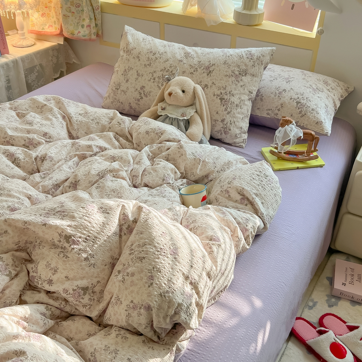 91家纺网 家纺一手货源 找家纺 韩巢家纺 2026新款泡芙纱四件套 柔紫碎花屿