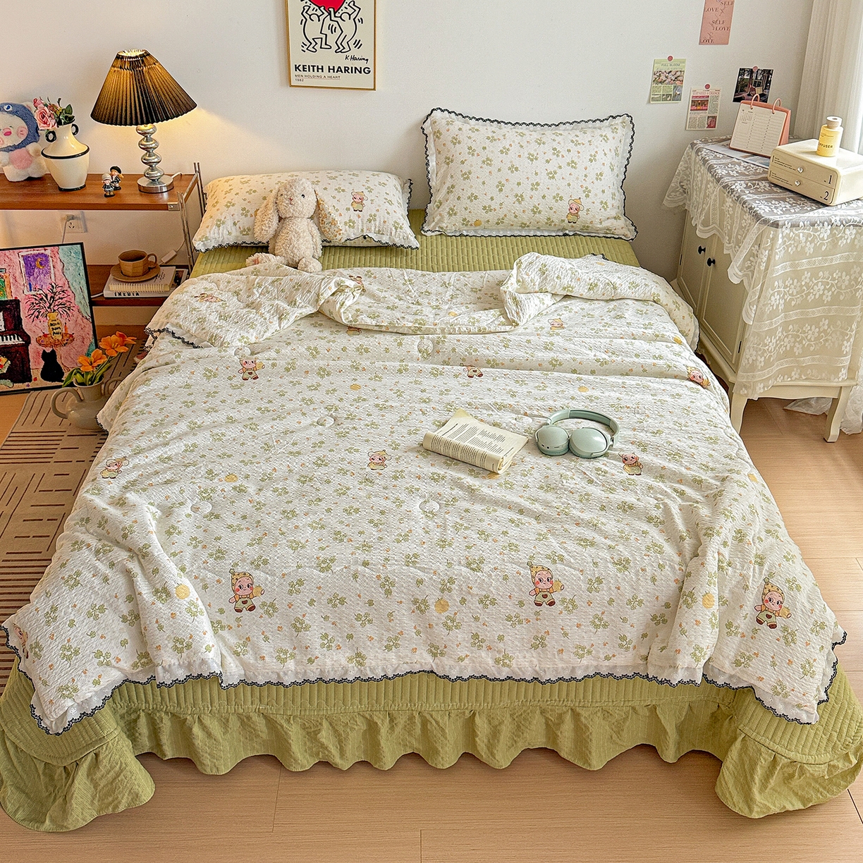 91家纺网 家纺一手货源 找家纺 富米莱（原臻工厂） 2026春夏新款云感泡芙棉复古法式花边床盖床裙被套夏凉被四件套一小红书推荐 复古花边-幸运草语