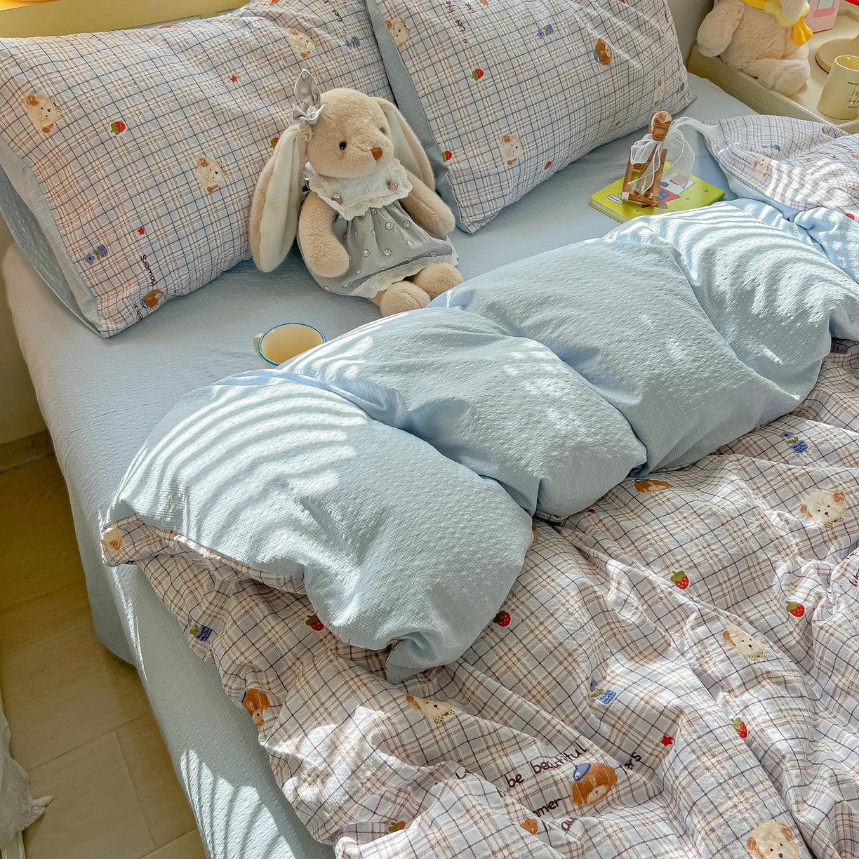 91家纺网 家纺一手货源 找家纺 韩巢家纺 2026新款泡芙纱四件套 四季狗