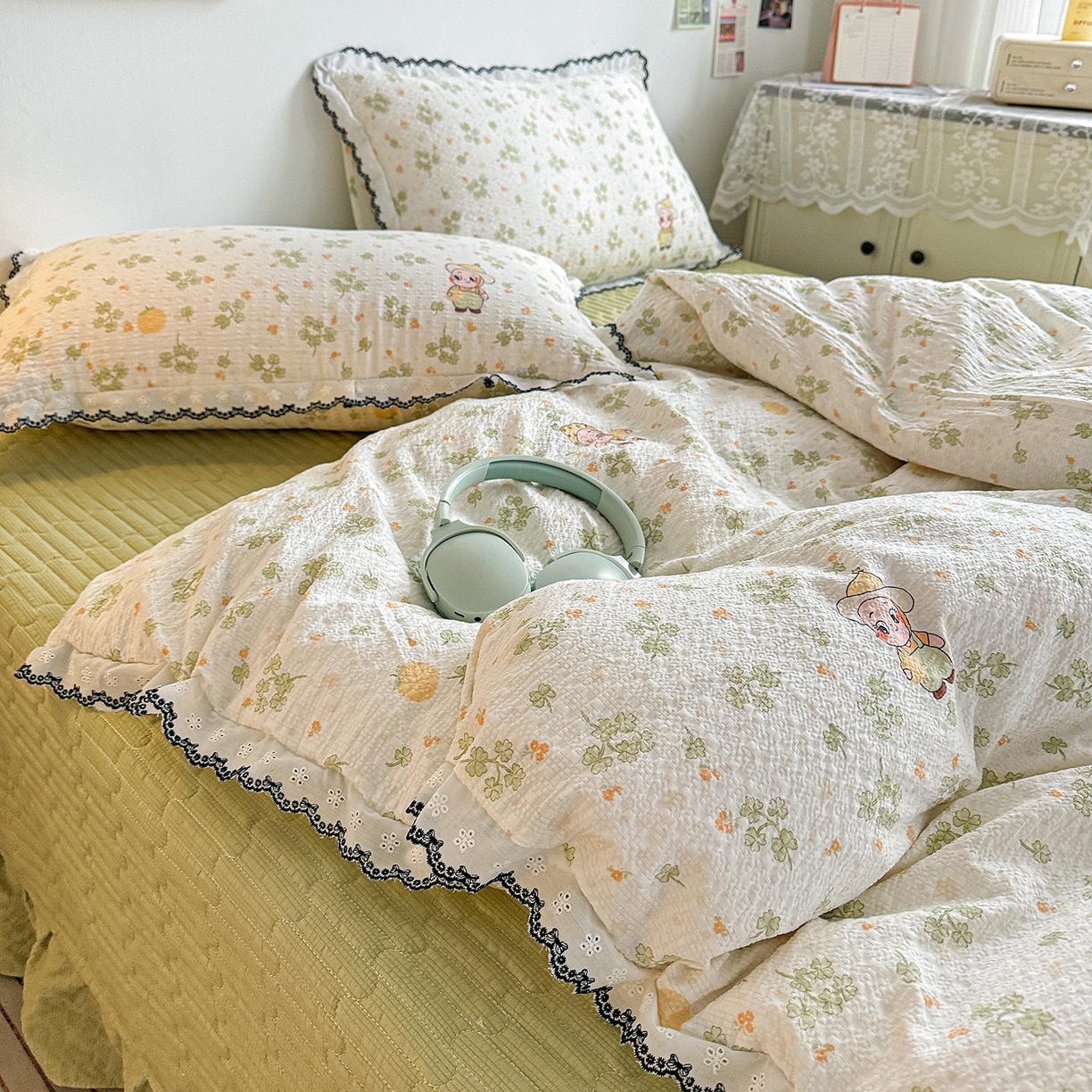 91家纺网 家纺一手货源 找家纺 富米莱（原臻工厂） 2026春夏新款云感泡芙棉复古法式花边床盖床裙被套夏凉被四件套一小红书推荐 复古花边-幸运草语