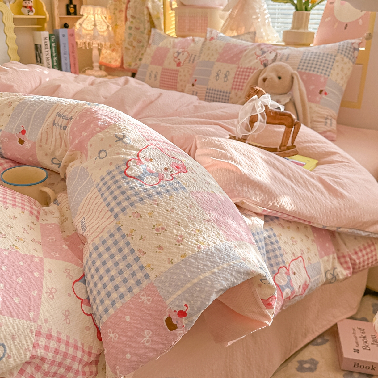 韩巢家纺 2026新款泡芙纱四件套 甜喵块块