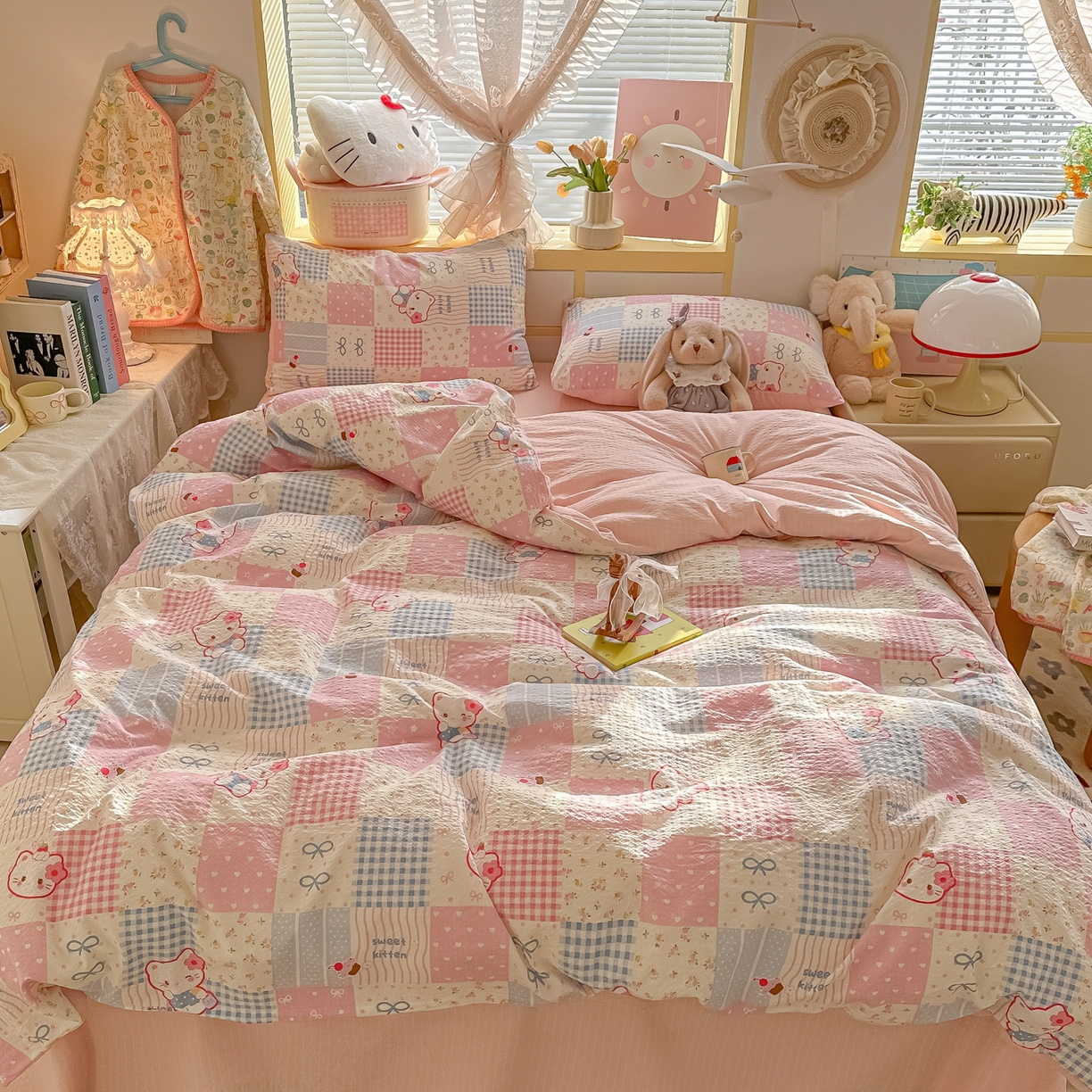 91家纺网 家纺一手货源 找家纺 韩巢家纺 2026新款泡芙纱四件套 甜喵块块