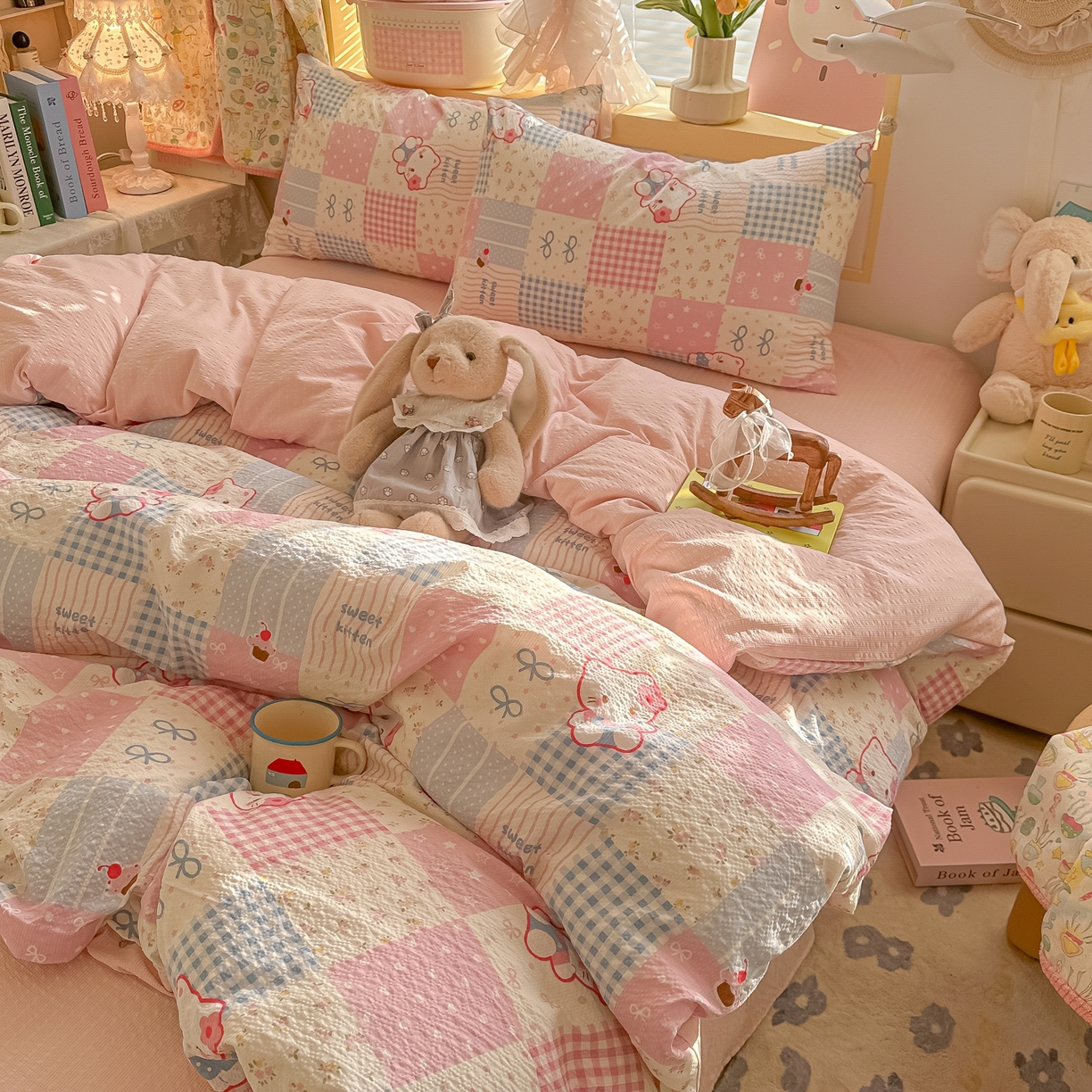 91家纺网 家纺一手货源 找家纺 韩巢家纺 2026新款泡芙纱四件套 甜喵块块