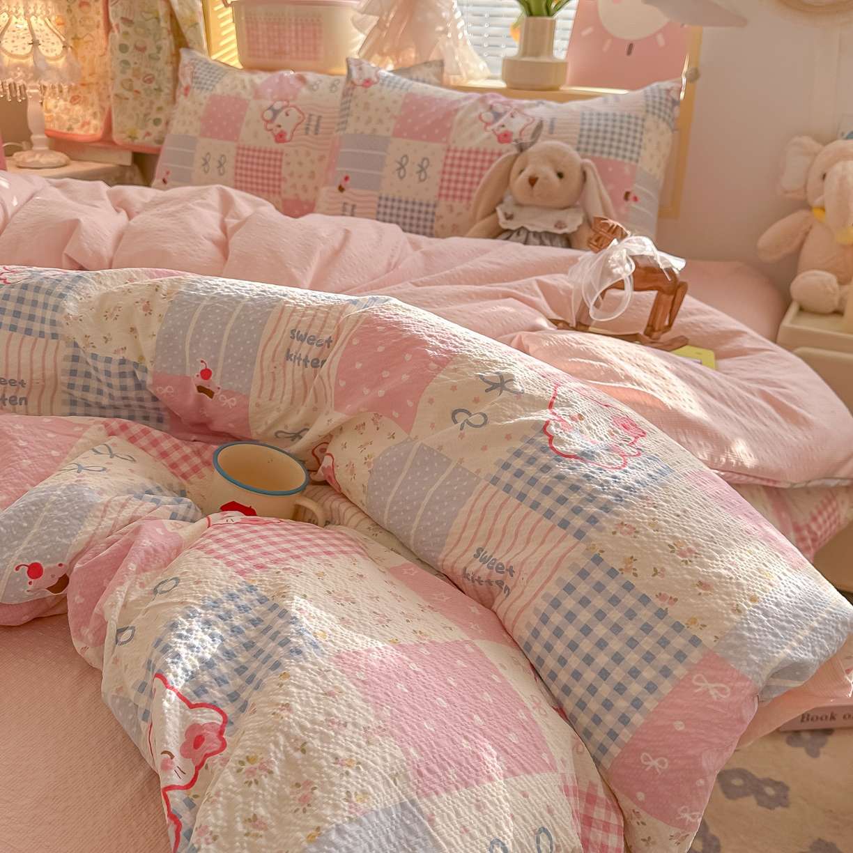 91家纺网 家纺一手货源 找家纺 韩巢家纺 2026新款泡芙纱四件套 甜喵块块