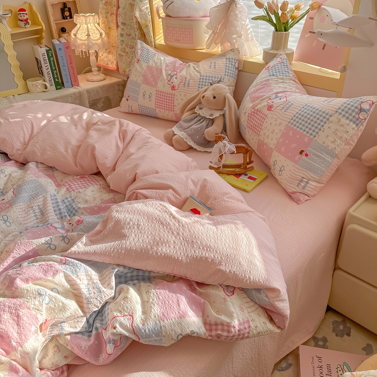 91家纺网 家纺一手货源 找家纺 韩巢家纺 2026新款泡芙纱四件套 甜喵块块