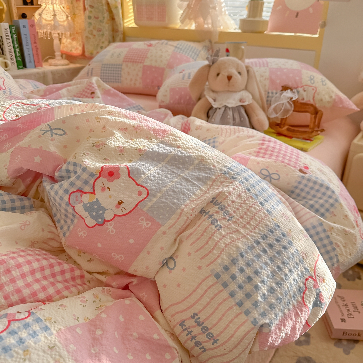 91家纺网 家纺一手货源 找家纺 韩巢家纺 2026新款泡芙纱四件套 甜喵块块