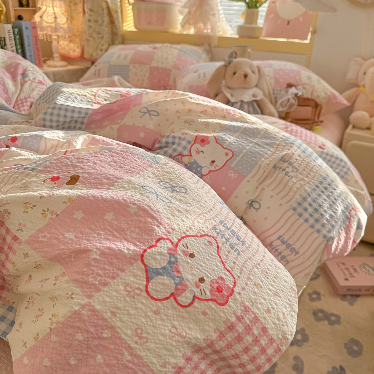 91家纺网 家纺一手货源 找家纺 韩巢家纺 2026新款泡芙纱四件套 甜喵块块