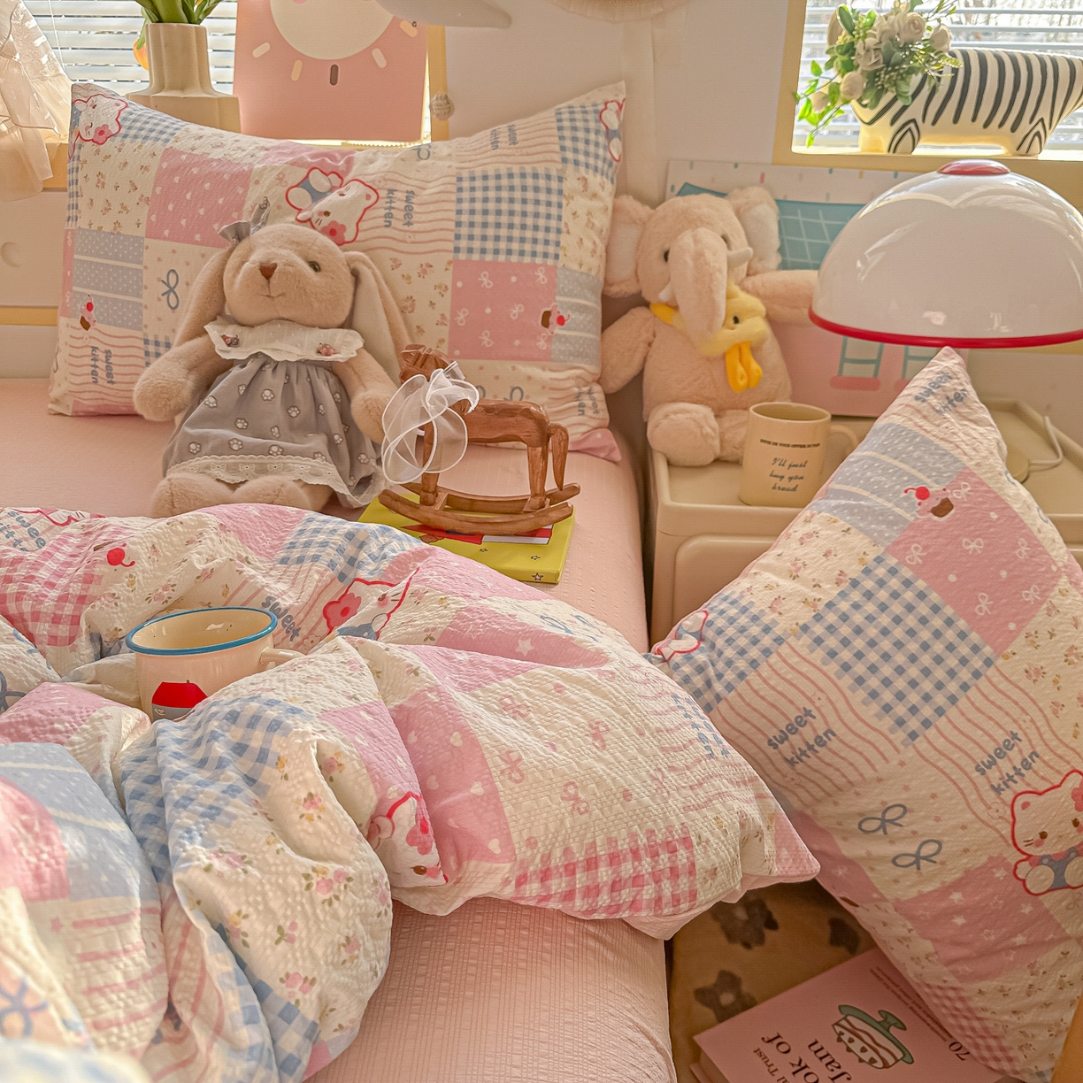 91家纺网 家纺一手货源 找家纺 韩巢家纺 2026新款泡芙纱四件套 甜喵块块