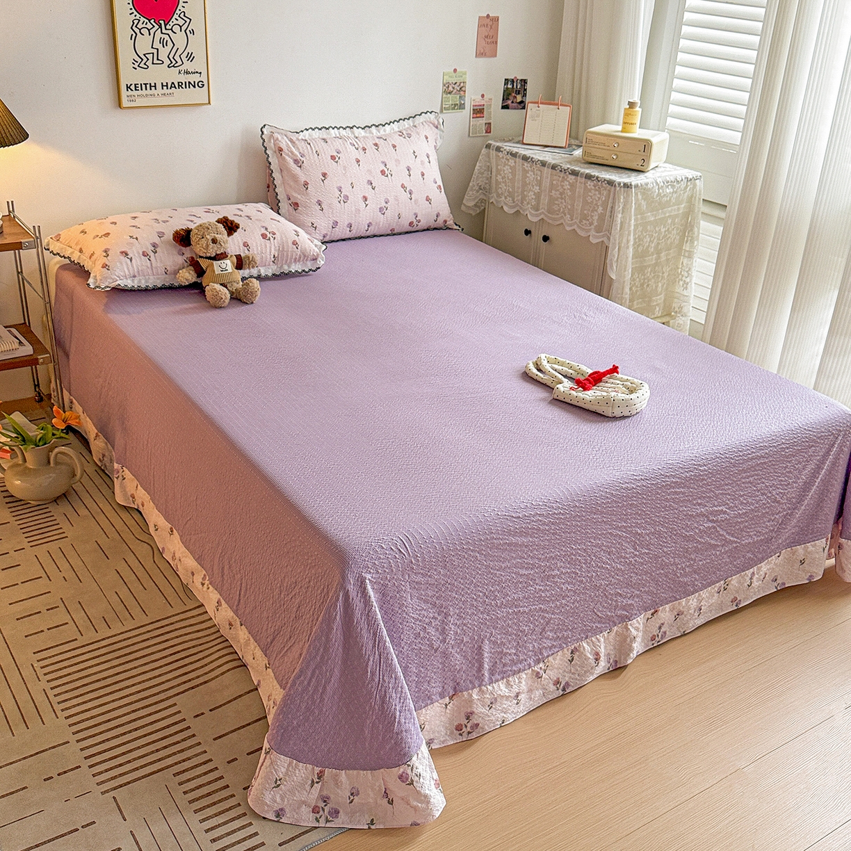 91家纺网 家纺一手货源 找家纺 富米莱（原臻工厂） 2026春夏新款云感泡芙棉复古法式花边床盖床裙被套夏凉被四件套一小红书推荐 复古花边-紫玫瑰