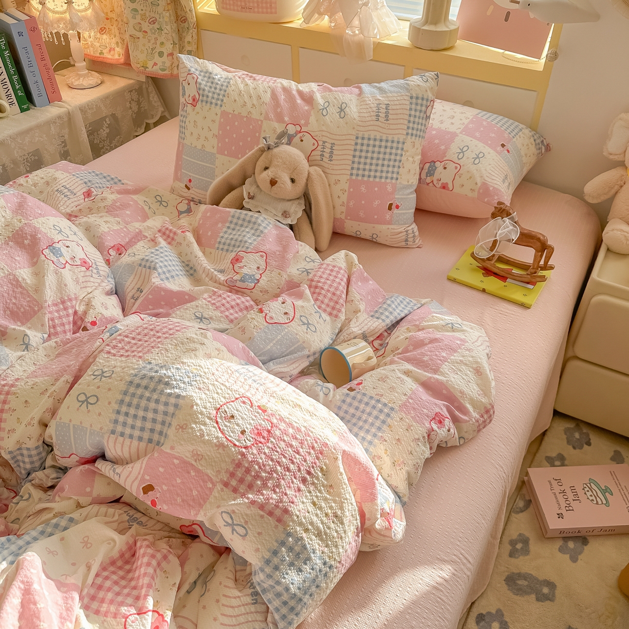 91家纺网 家纺一手货源 找家纺 韩巢家纺 2026新款泡芙纱四件套 甜喵块块