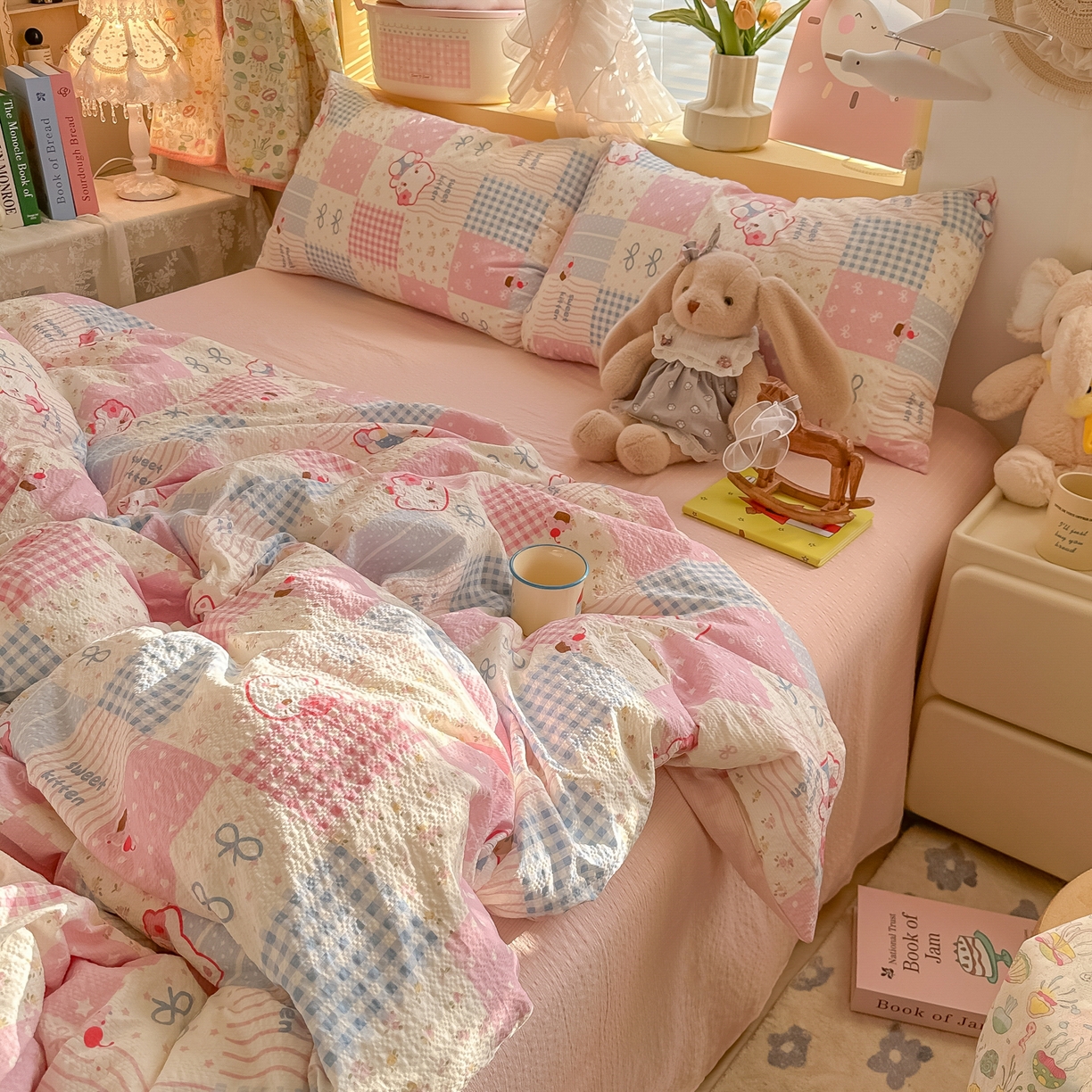 91家纺网 家纺一手货源 找家纺 韩巢家纺 2026新款泡芙纱四件套 甜喵块块