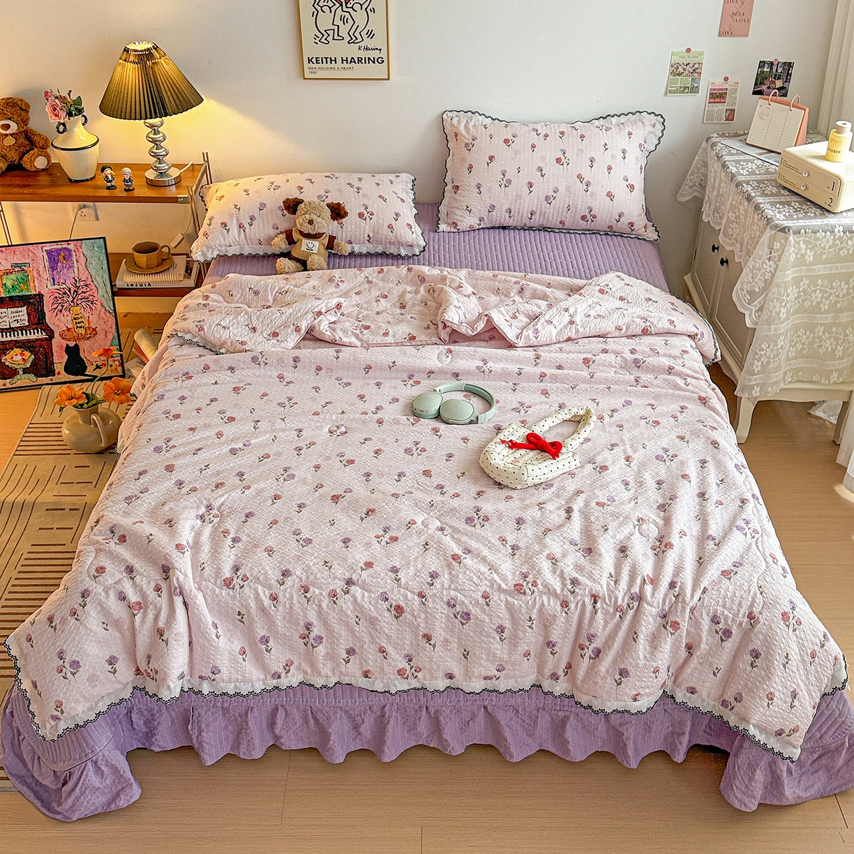 91家纺网 家纺一手货源 找家纺 富米莱（原臻工厂） 2026春夏新款云感泡芙棉复古法式花边床盖床裙被套夏凉被四件套一小红书推荐 复古花边-紫玫瑰