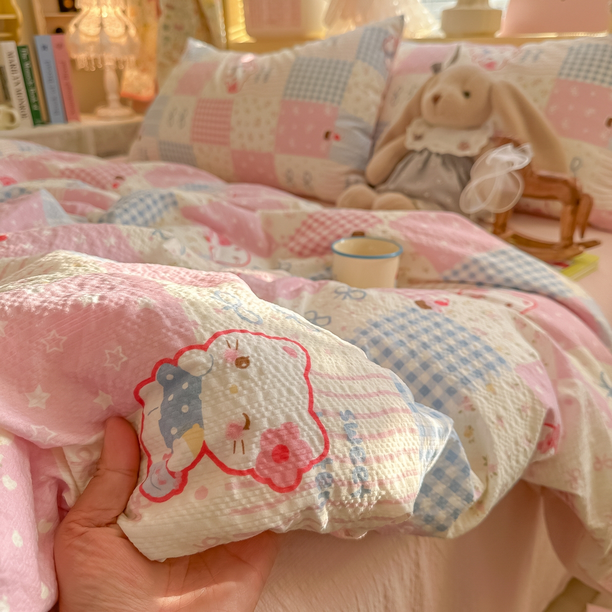 91家纺网 家纺一手货源 找家纺 韩巢家纺 2026新款泡芙纱四件套 甜喵块块