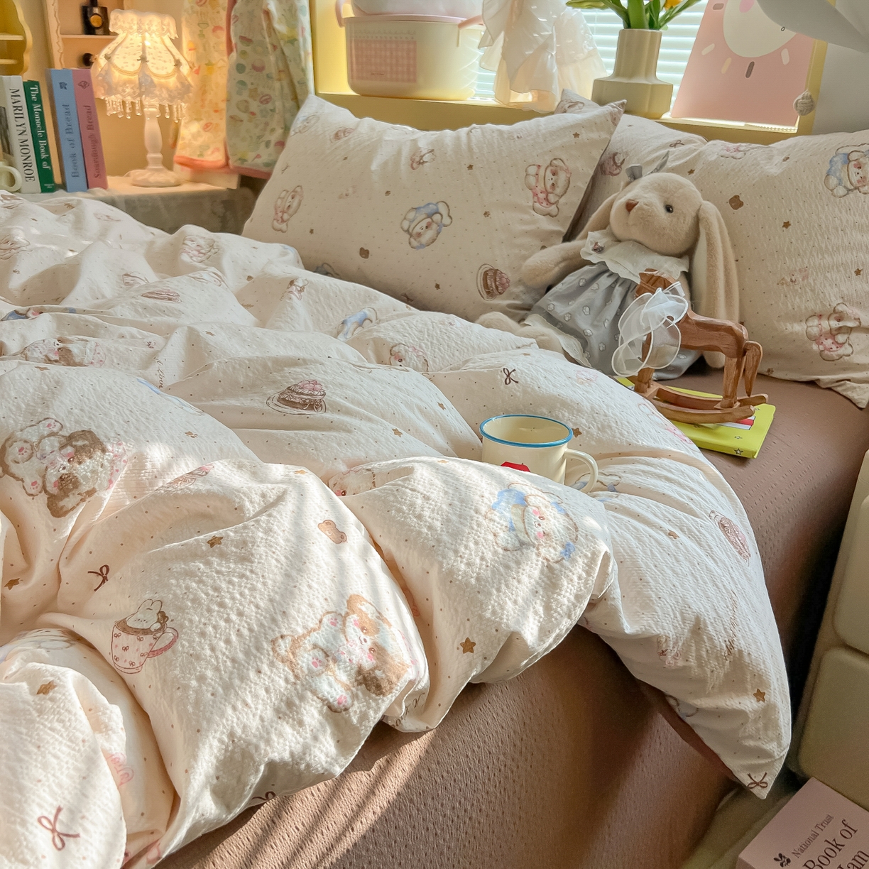 91家纺网 家纺一手货源 找家纺 韩巢家纺 2026新款泡芙纱四件套 甜品萌狗