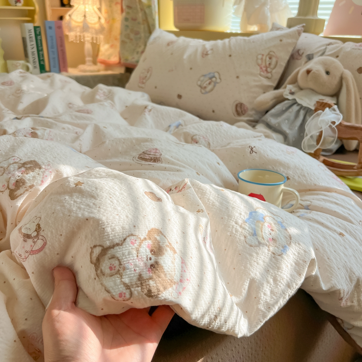 91家纺网 家纺一手货源 找家纺 韩巢家纺 2026新款泡芙纱四件套 甜品萌狗