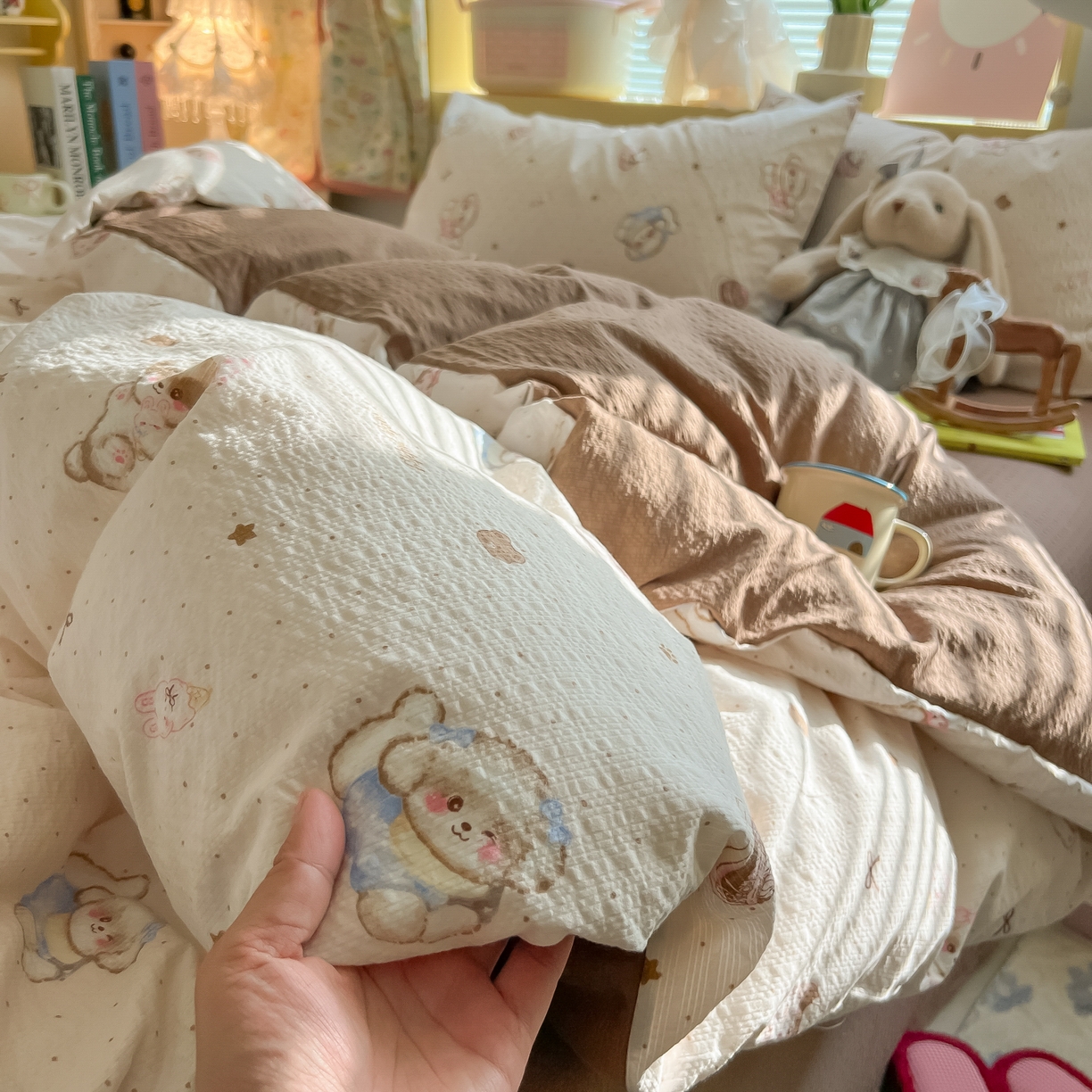 91家纺网 家纺一手货源 找家纺 韩巢家纺 2026新款泡芙纱四件套 甜品萌狗