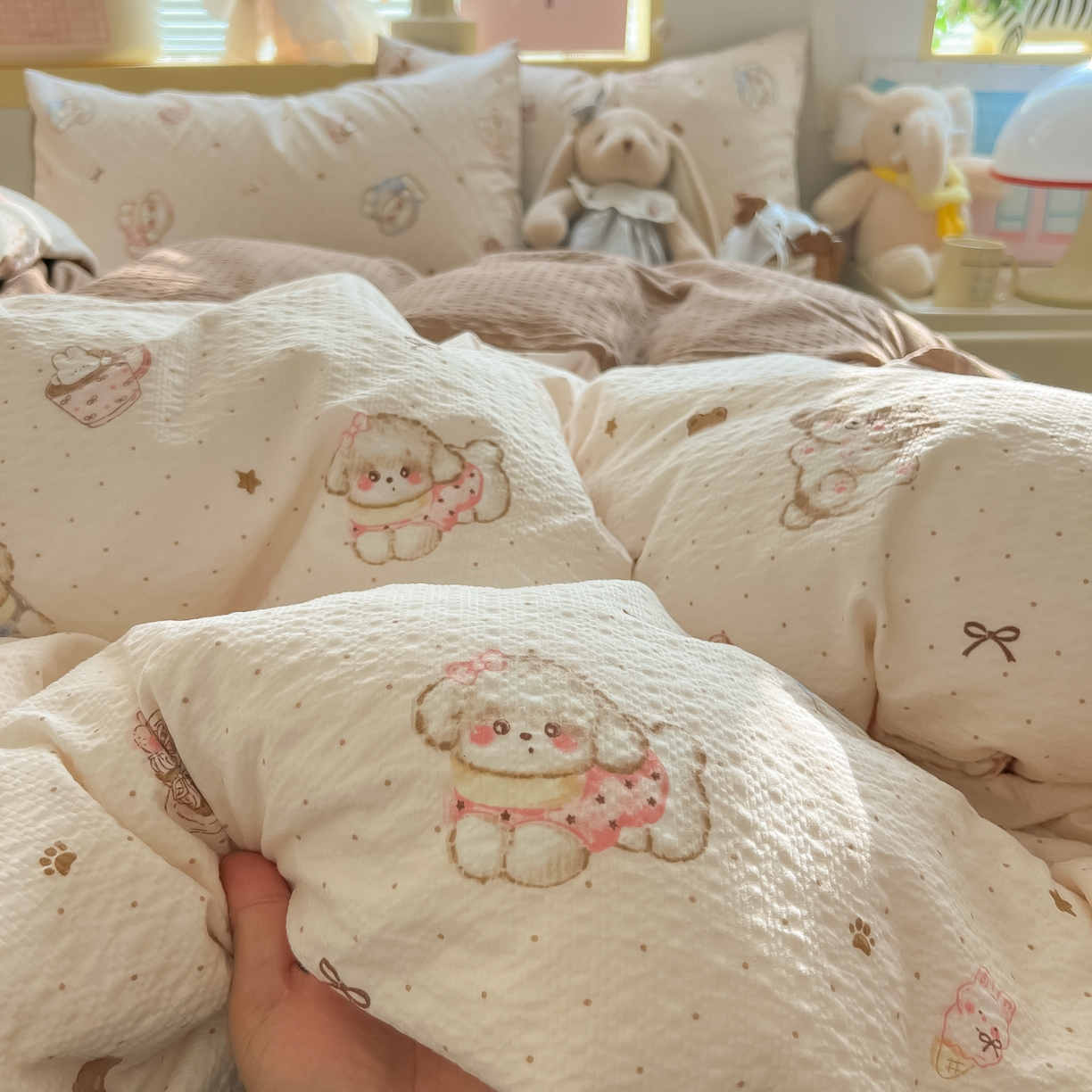 91家纺网 家纺一手货源 找家纺 韩巢家纺 2026新款泡芙纱四件套 甜品萌狗