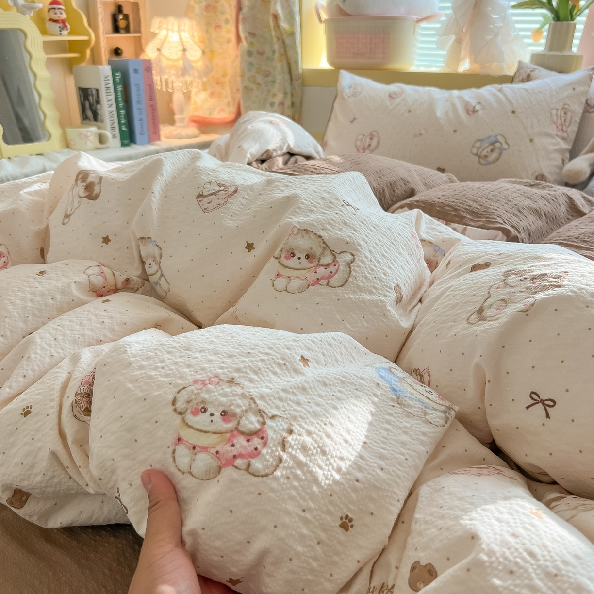 91家纺网 家纺一手货源 找家纺 韩巢家纺 2026新款泡芙纱四件套 甜品萌狗