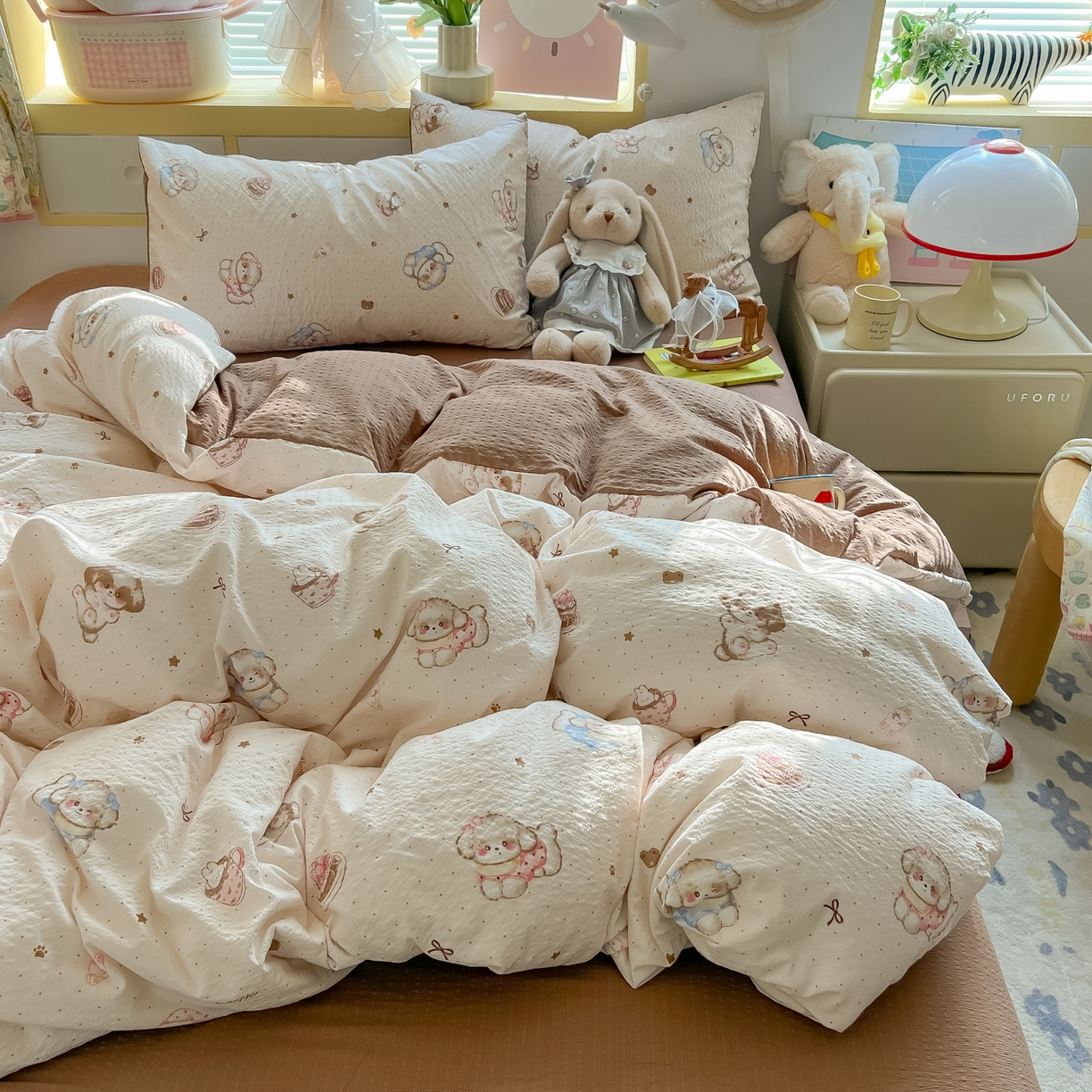 91家纺网 家纺一手货源 找家纺 韩巢家纺 2026新款泡芙纱四件套 甜品萌狗