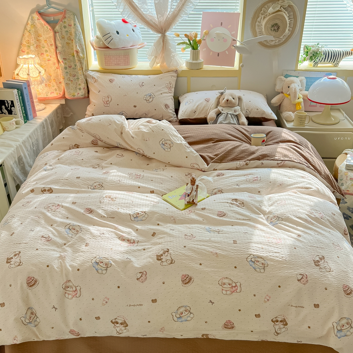 91家纺网 家纺一手货源 找家纺 韩巢家纺 2026新款泡芙纱四件套 甜品萌狗