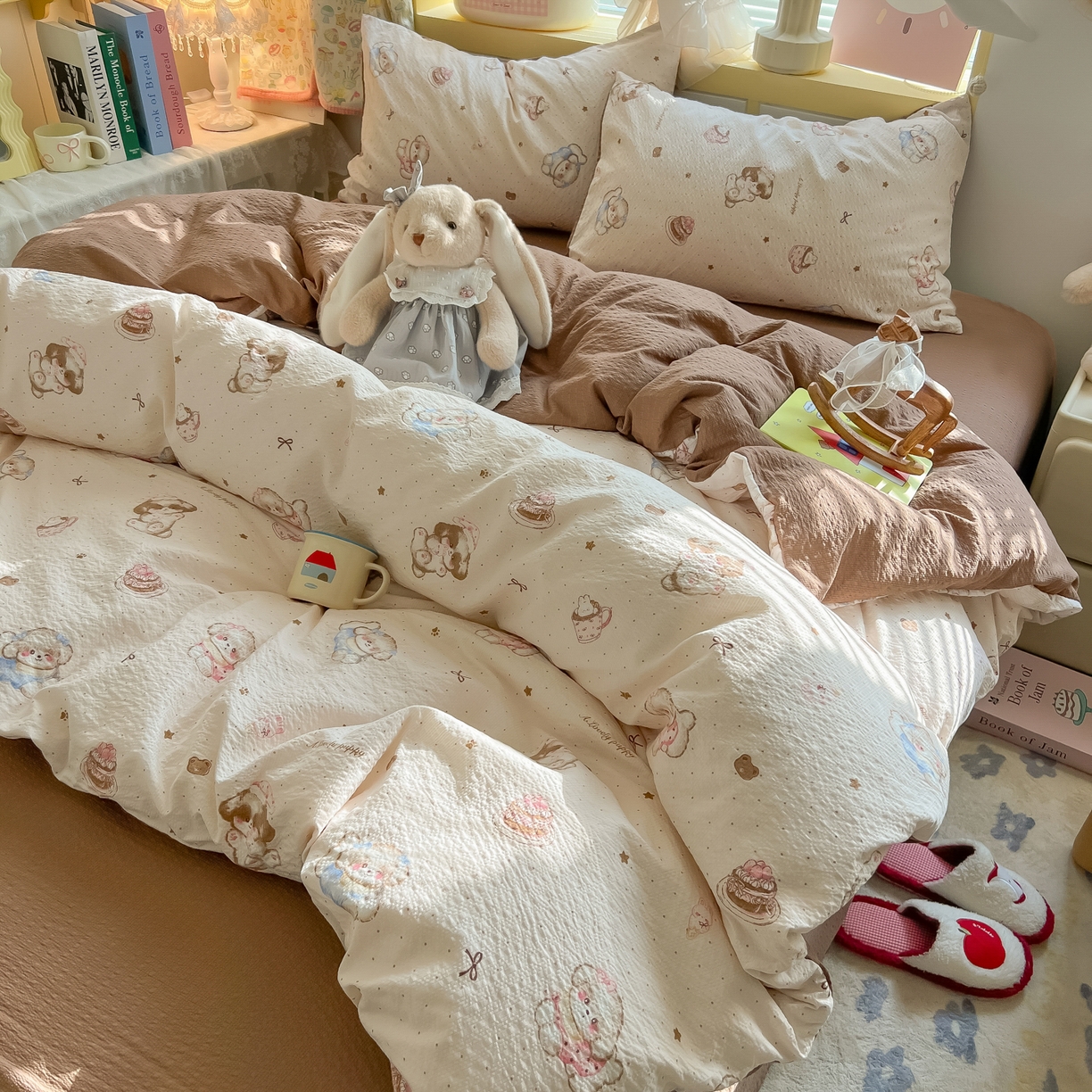 91家纺网 家纺一手货源 找家纺 韩巢家纺 2026新款泡芙纱四件套 甜品萌狗