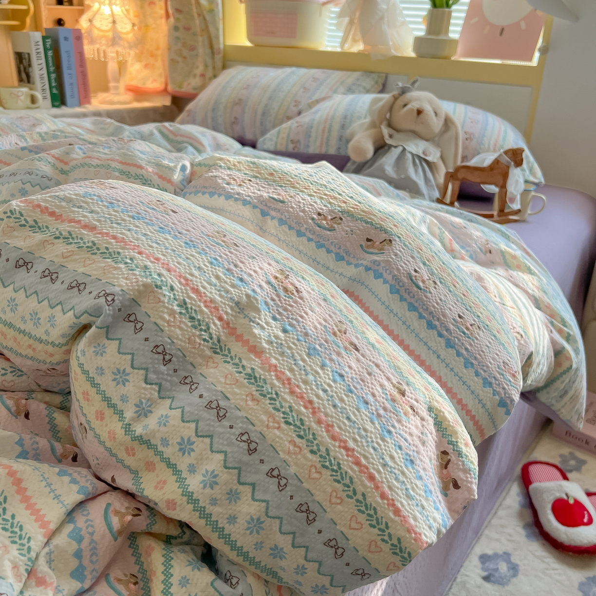 韩巢家纺 2026新款泡芙纱四件套 甜心木马卷