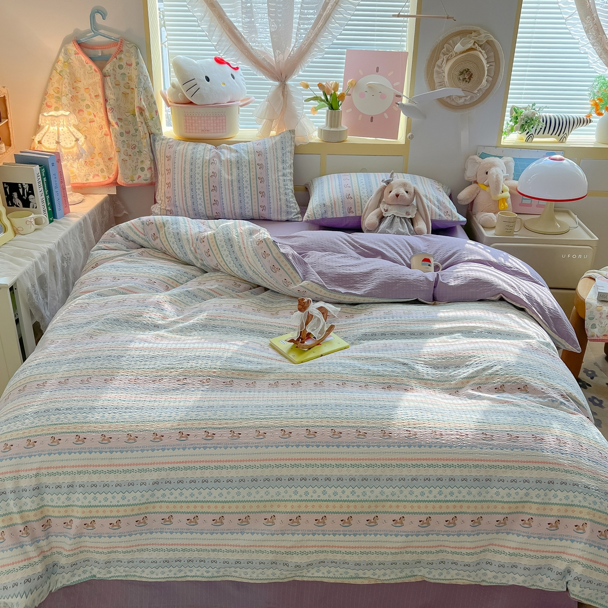 91家纺网 家纺一手货源 找家纺 韩巢家纺 2026新款泡芙纱四件套 甜心木马卷