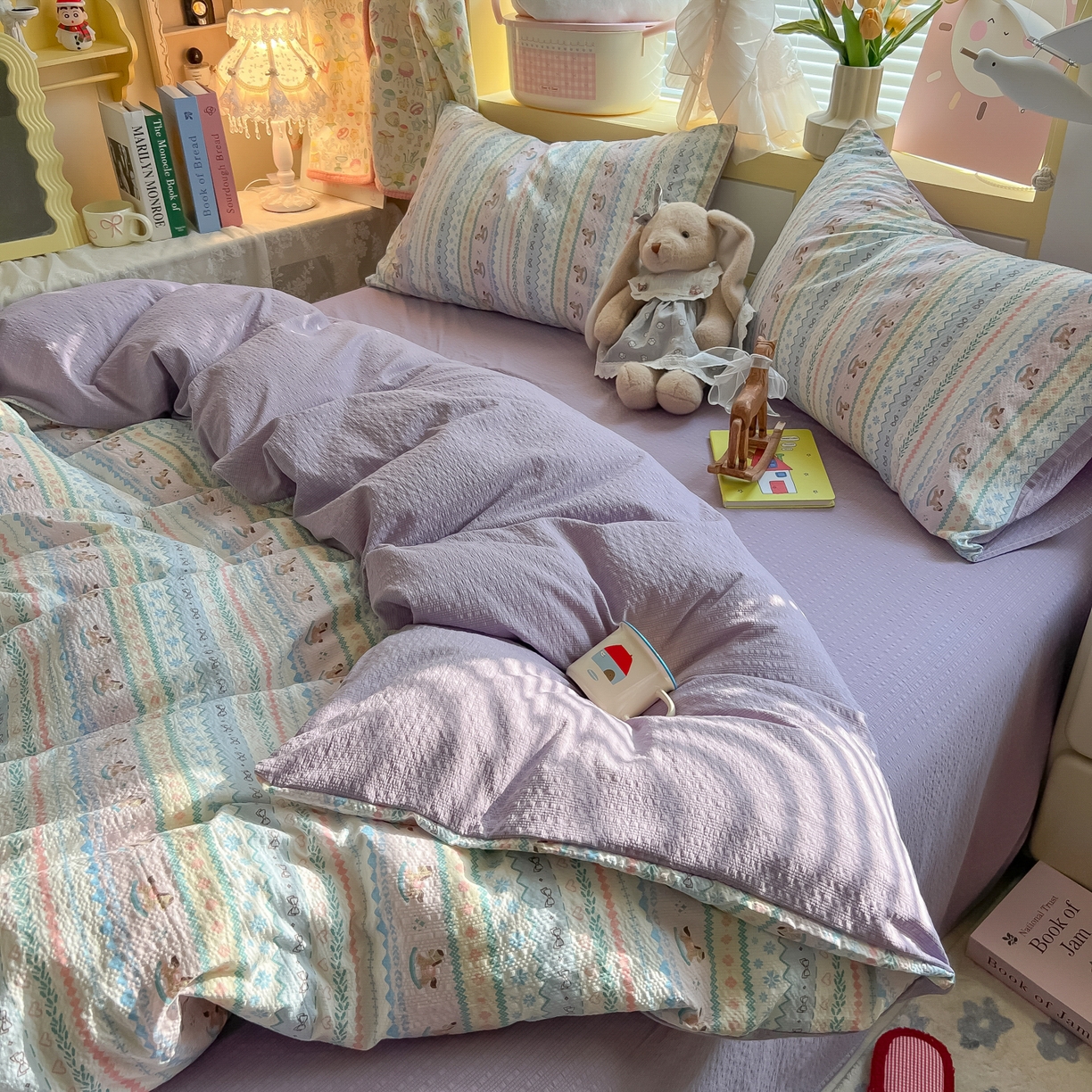 91家纺网 家纺一手货源 找家纺 韩巢家纺 2026新款泡芙纱四件套 甜心木马卷