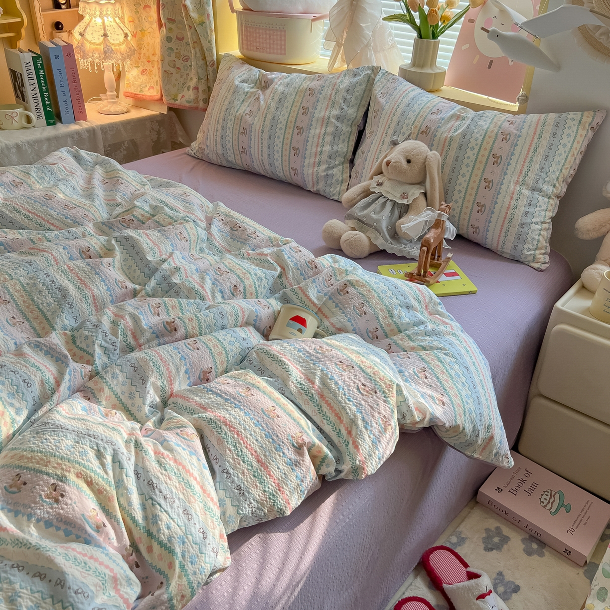 91家纺网 家纺一手货源 找家纺 韩巢家纺 2026新款泡芙纱四件套 甜心木马卷