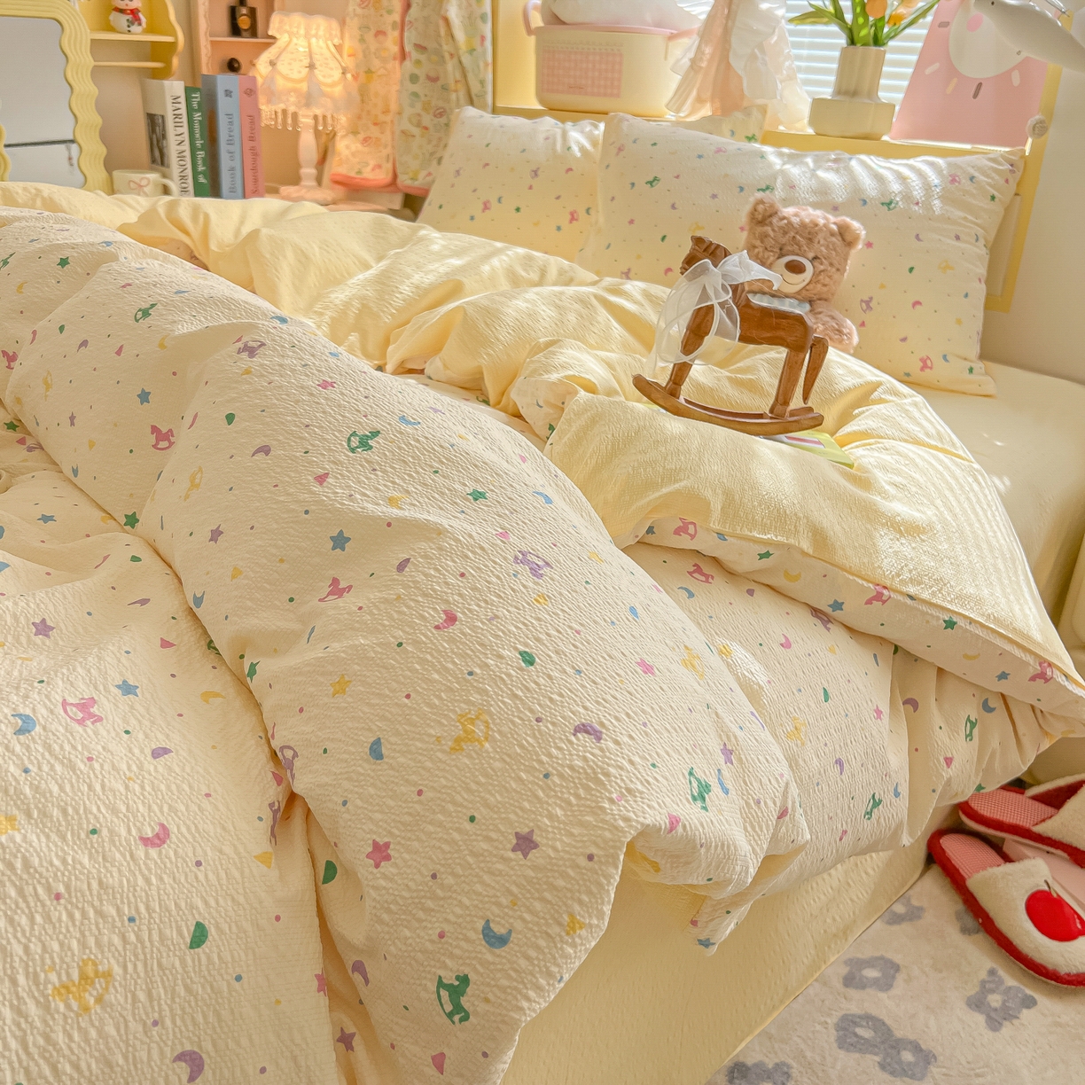 韩巢家纺 2026新款泡芙纱四件套 摇摇木马