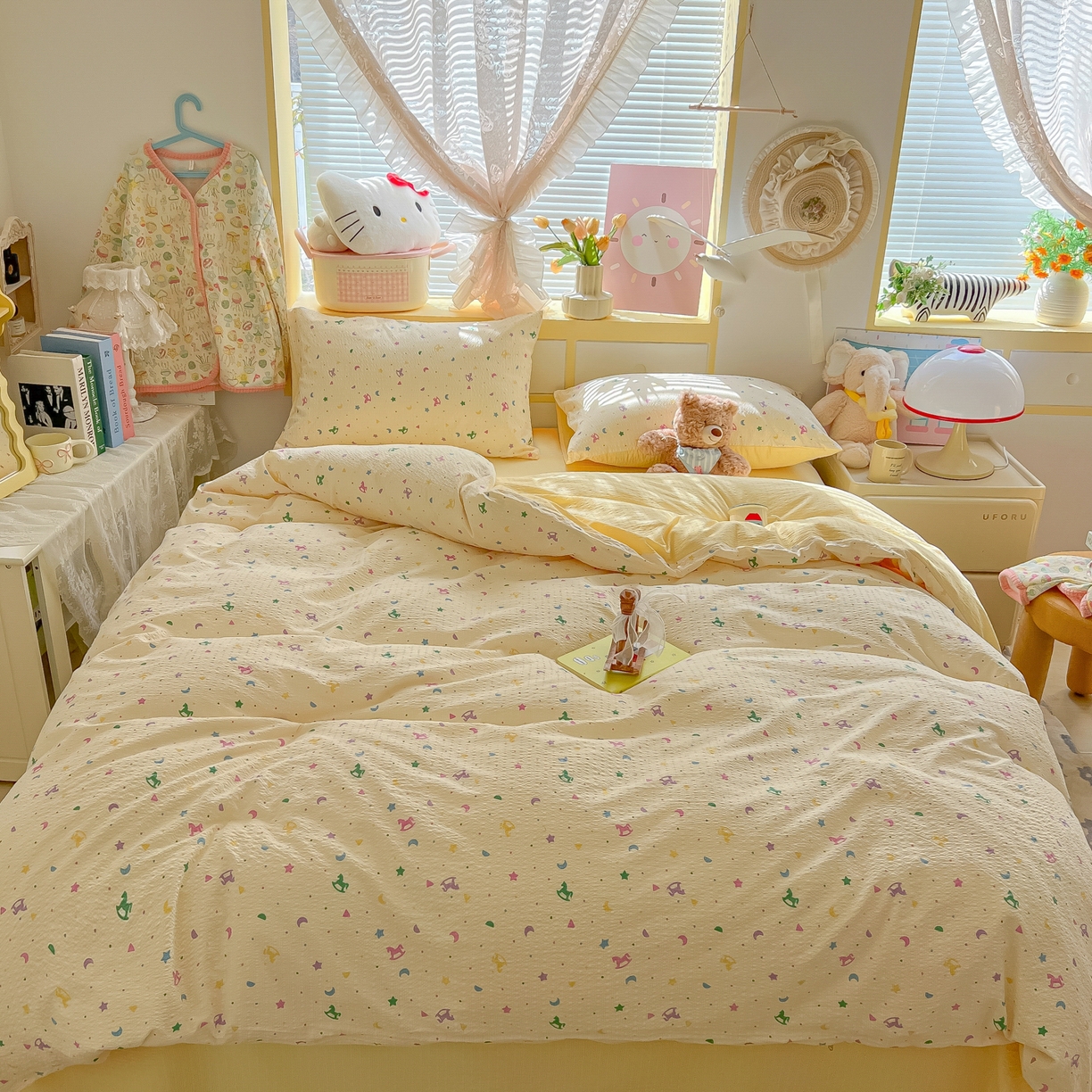 91家纺网 家纺一手货源 找家纺 韩巢家纺 2026新款泡芙纱四件套 摇摇木马