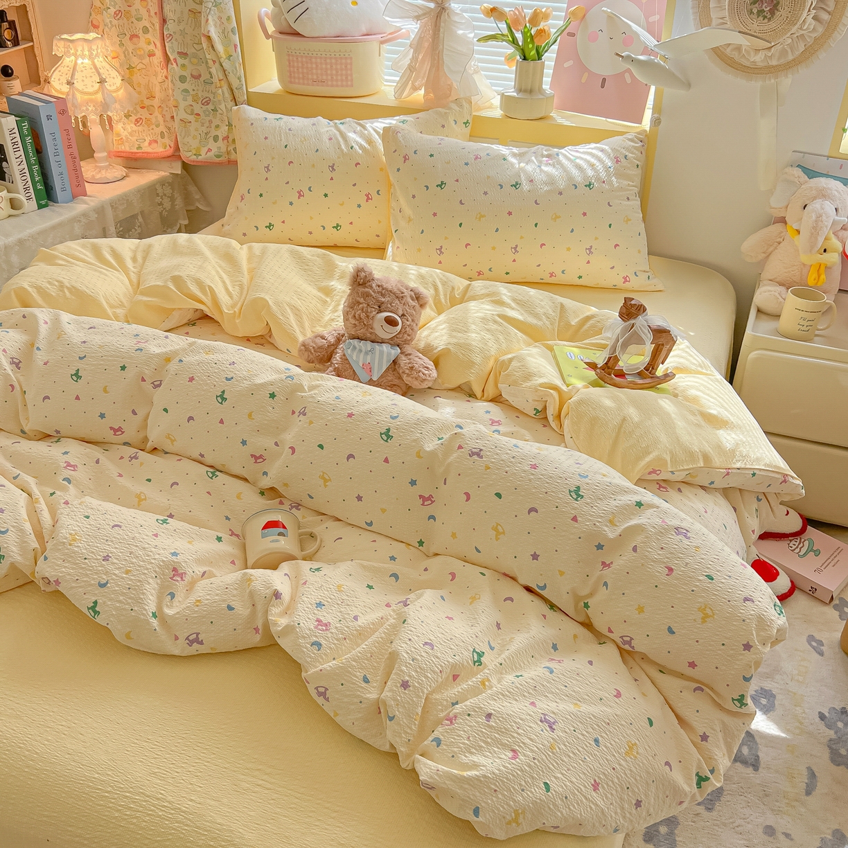 91家纺网 家纺一手货源 找家纺 韩巢家纺 2026新款泡芙纱四件套 摇摇木马