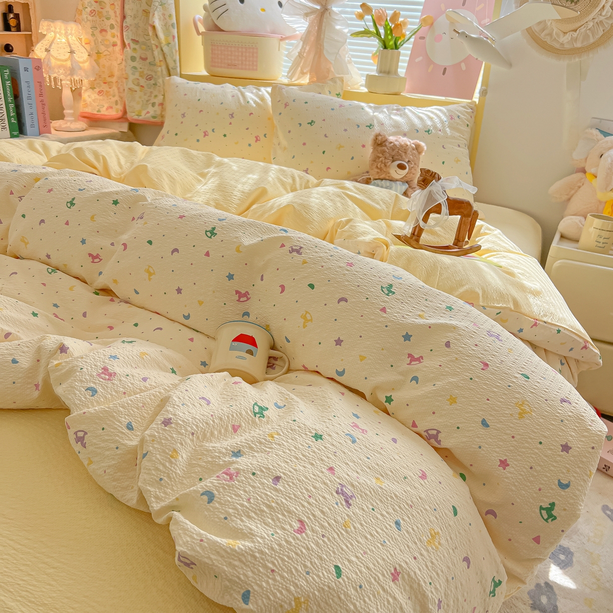 91家纺网 家纺一手货源 找家纺 韩巢家纺 2026新款泡芙纱四件套 摇摇木马