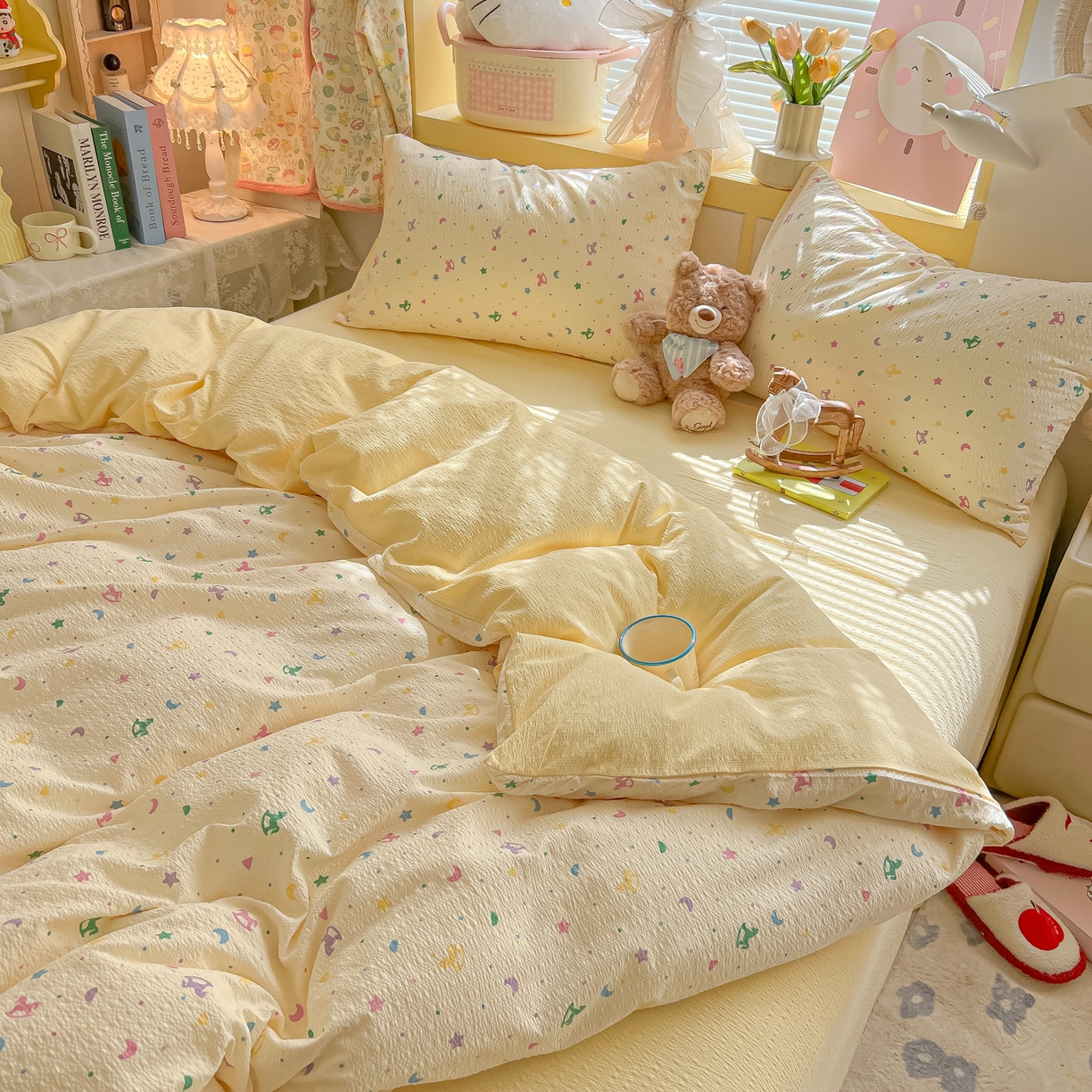 91家纺网 家纺一手货源 找家纺 韩巢家纺 2026新款泡芙纱四件套 摇摇木马