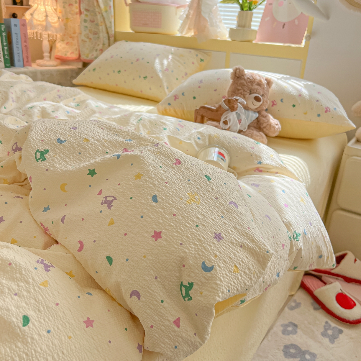 91家纺网 家纺一手货源 找家纺 韩巢家纺 2026新款泡芙纱四件套 摇摇木马