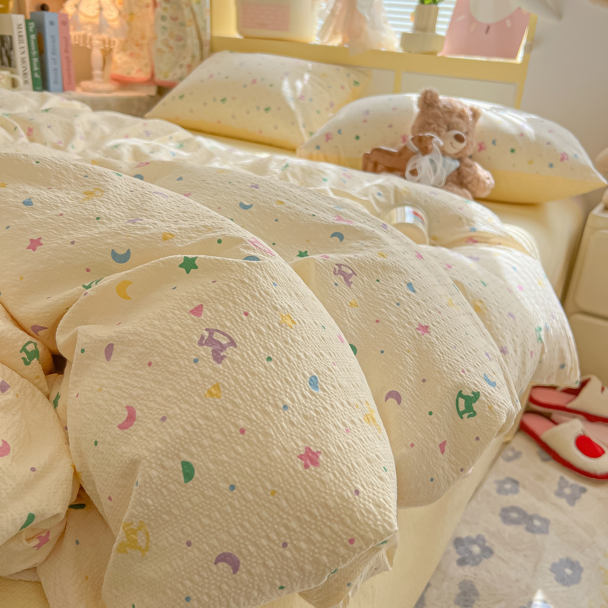 91家纺网 家纺一手货源 找家纺 韩巢家纺 2026新款泡芙纱四件套 摇摇木马