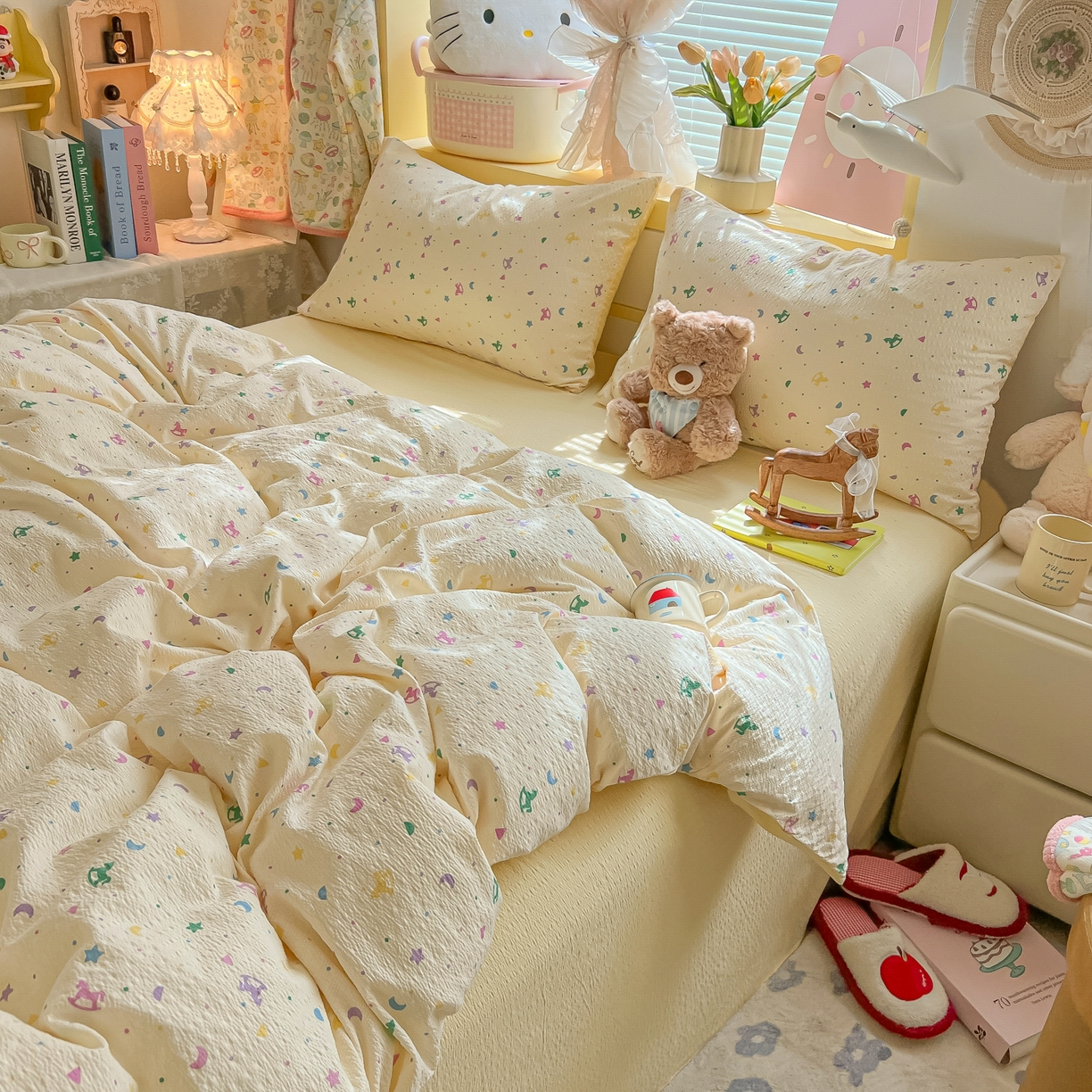 91家纺网 家纺一手货源 找家纺 韩巢家纺 2026新款泡芙纱四件套 摇摇木马