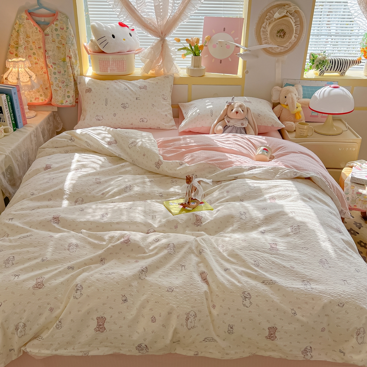 91家纺网 家纺一手货源 找家纺 韩巢家纺 2026新款泡芙纱四件套 悦悦小兔