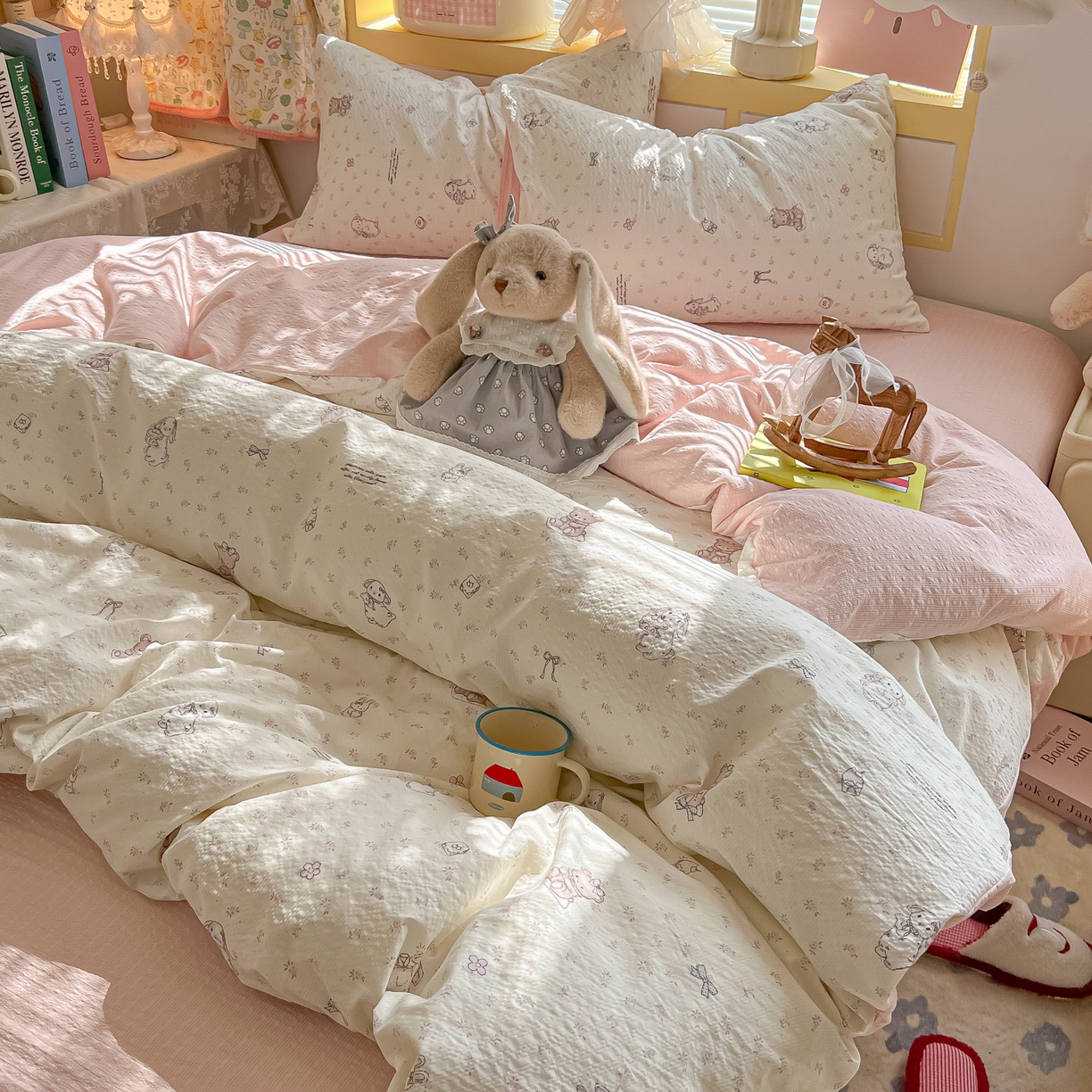 91家纺网 家纺一手货源 找家纺 韩巢家纺 2026新款泡芙纱四件套 悦悦小兔