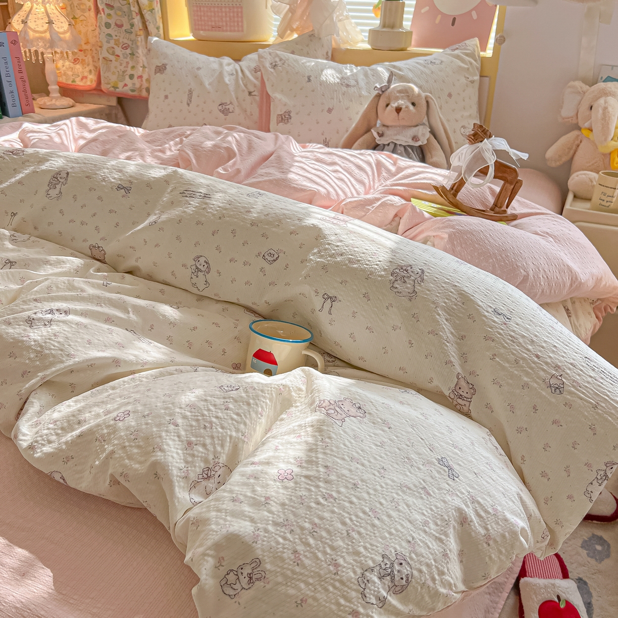 91家纺网 家纺一手货源 找家纺 韩巢家纺 2026新款泡芙纱四件套 悦悦小兔