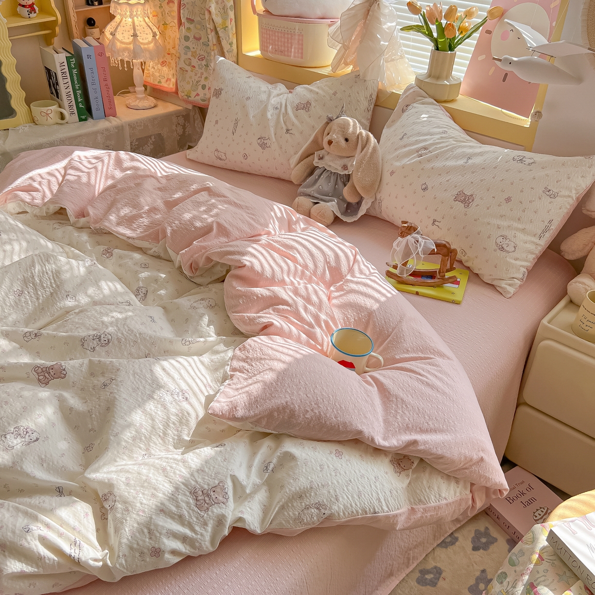 91家纺网 家纺一手货源 找家纺 韩巢家纺 2026新款泡芙纱四件套 悦悦小兔